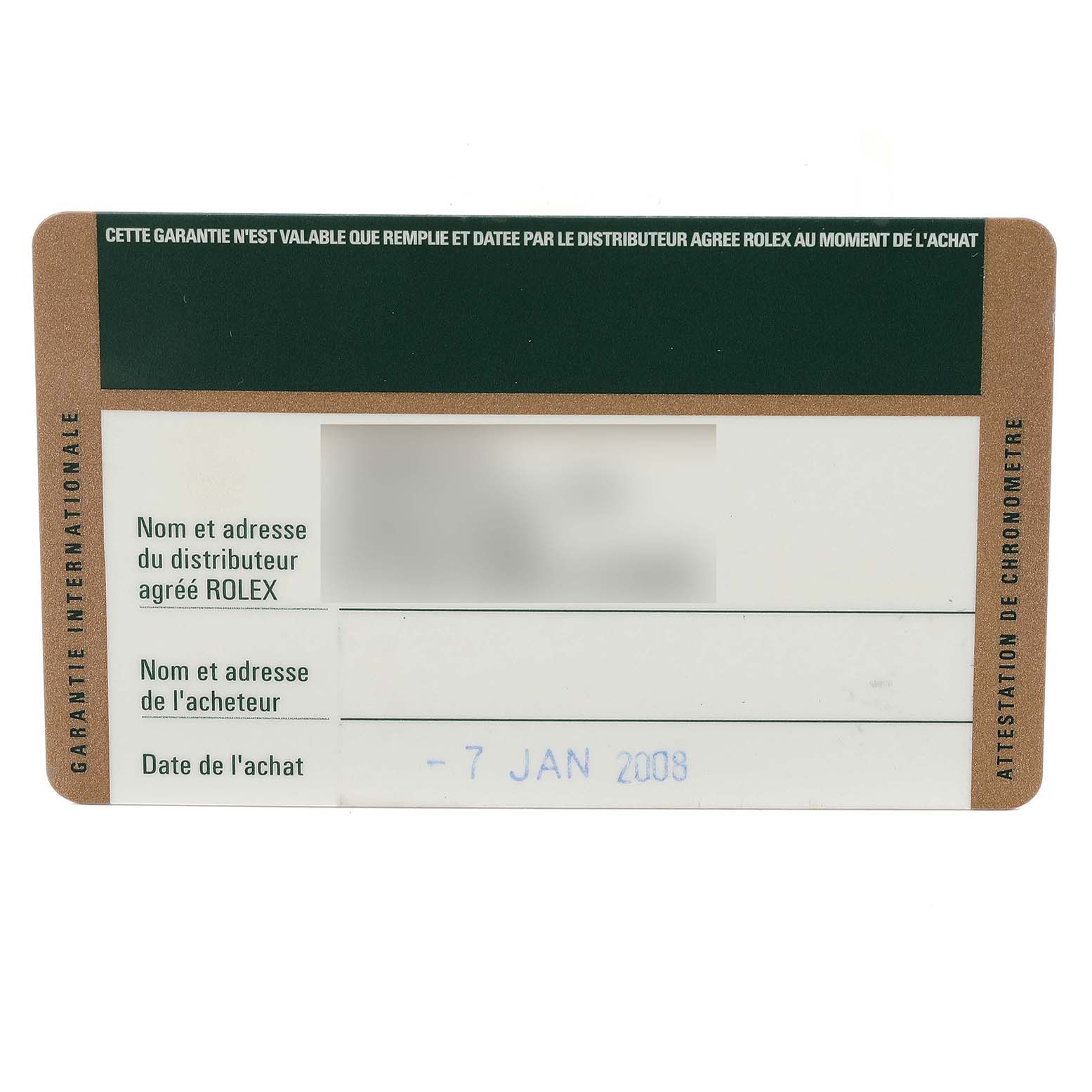 The image shows a warranty card for a Rolex Datejust 179174 Women's Stainless Steel Pink Dial 179174 Women's Stainless Steel Pink Dial watch, viewed from the front.