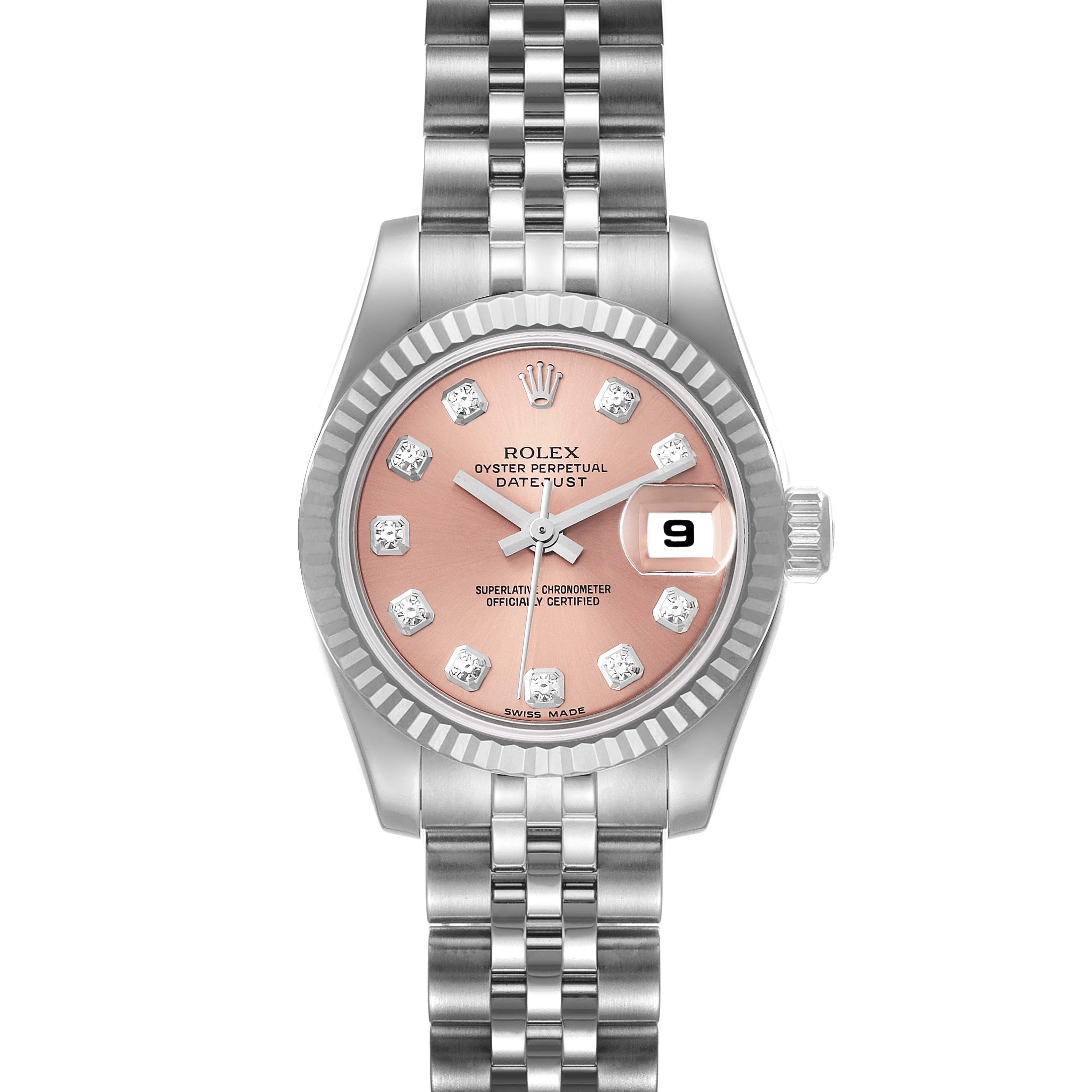 This is a front view of a Rolex Datejust 179174 Women's Stainless Steel Pink Dial 179174 Women's Stainless Steel Pink Dial watch, showing the dial, bezel, hands, and bracelet.
