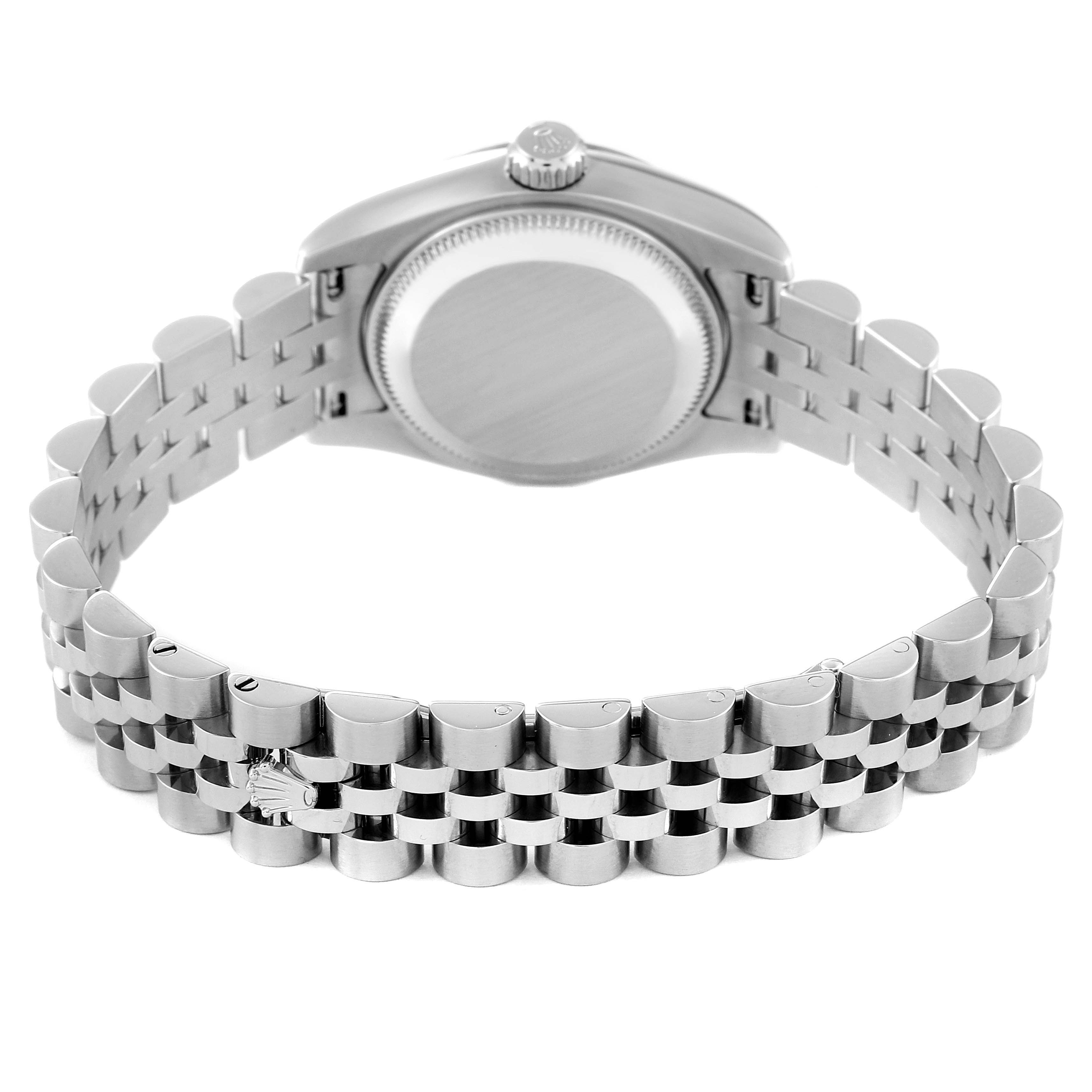 This image shows the back case and the bracelet of a Rolex Datejust 179174 Women's Stainless Steel Pink Dial 179174 Women's Stainless Steel Pink Dial watch from a rear angle.