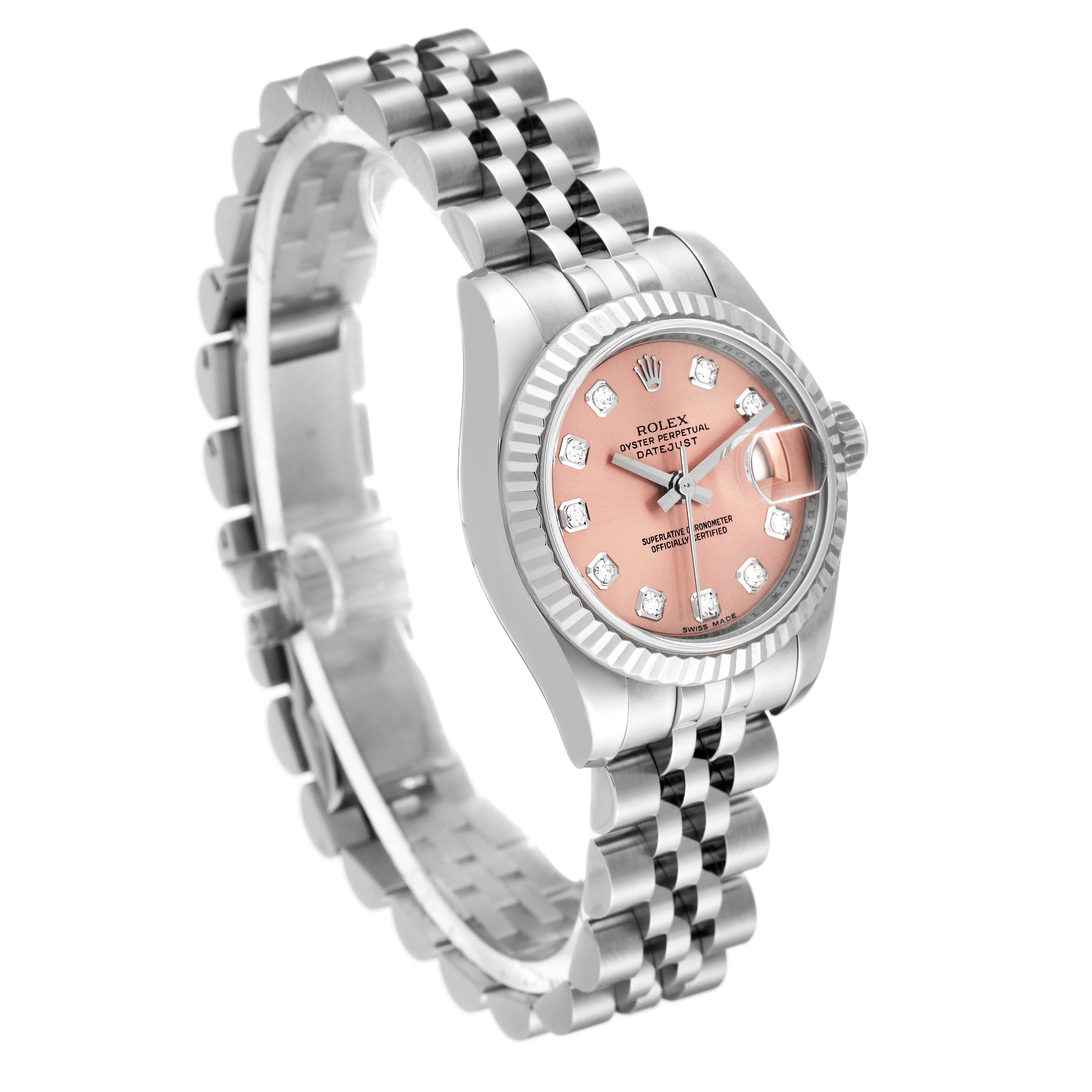 The image shows a Rolex Datejust 179174 Women's Stainless Steel Pink Dial 179174 Women's Stainless Steel Pink Dial watch with a pink dial and a Jubilee bracelet, viewed from a slight front angle.