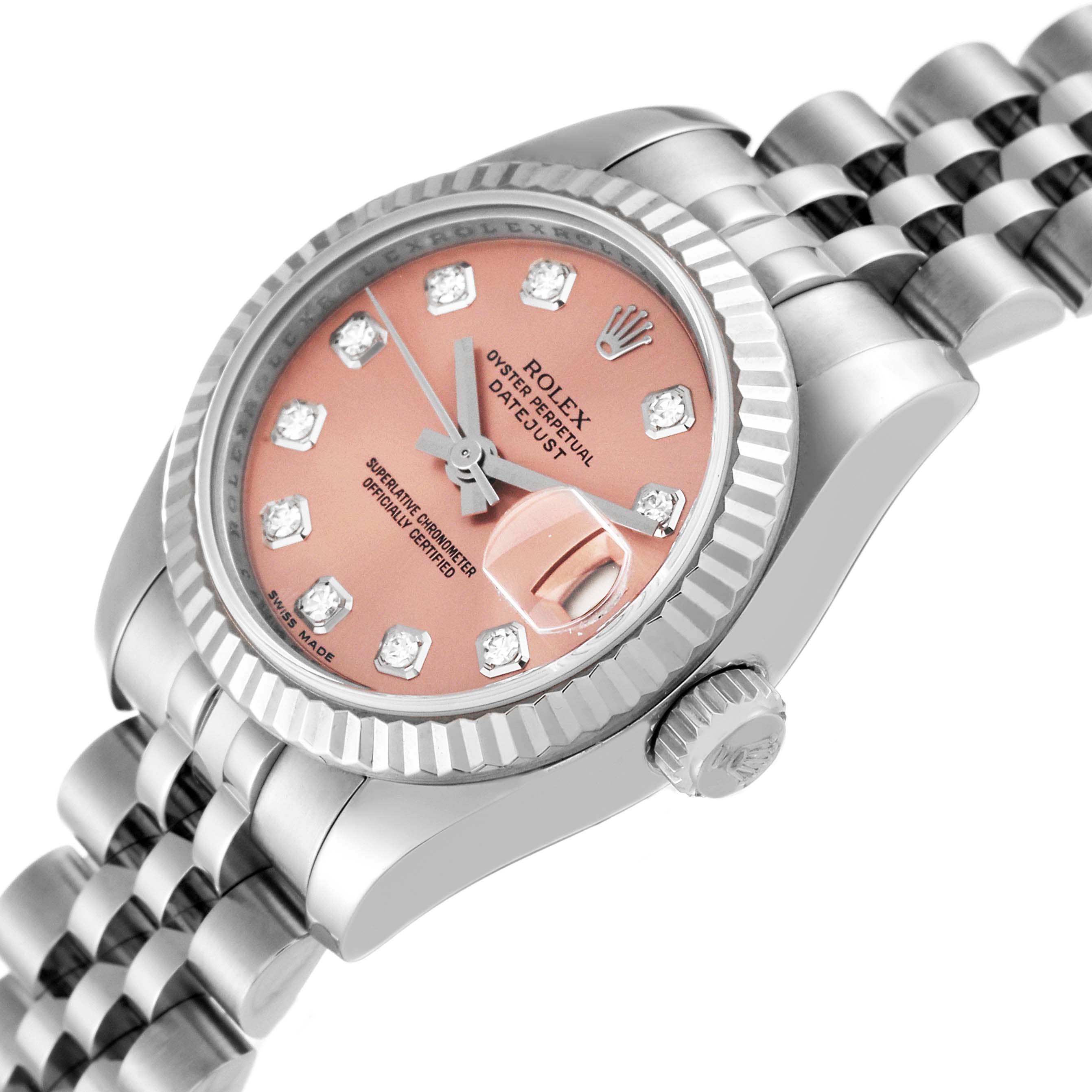 The image shows a close-up angled view of the Rolex Datejust 179174 Women's Stainless Steel Pink Dial 179174 Women's Stainless Steel Pink Dial watch, highlighting the dial, bezel, crown, and part of the bracelet.