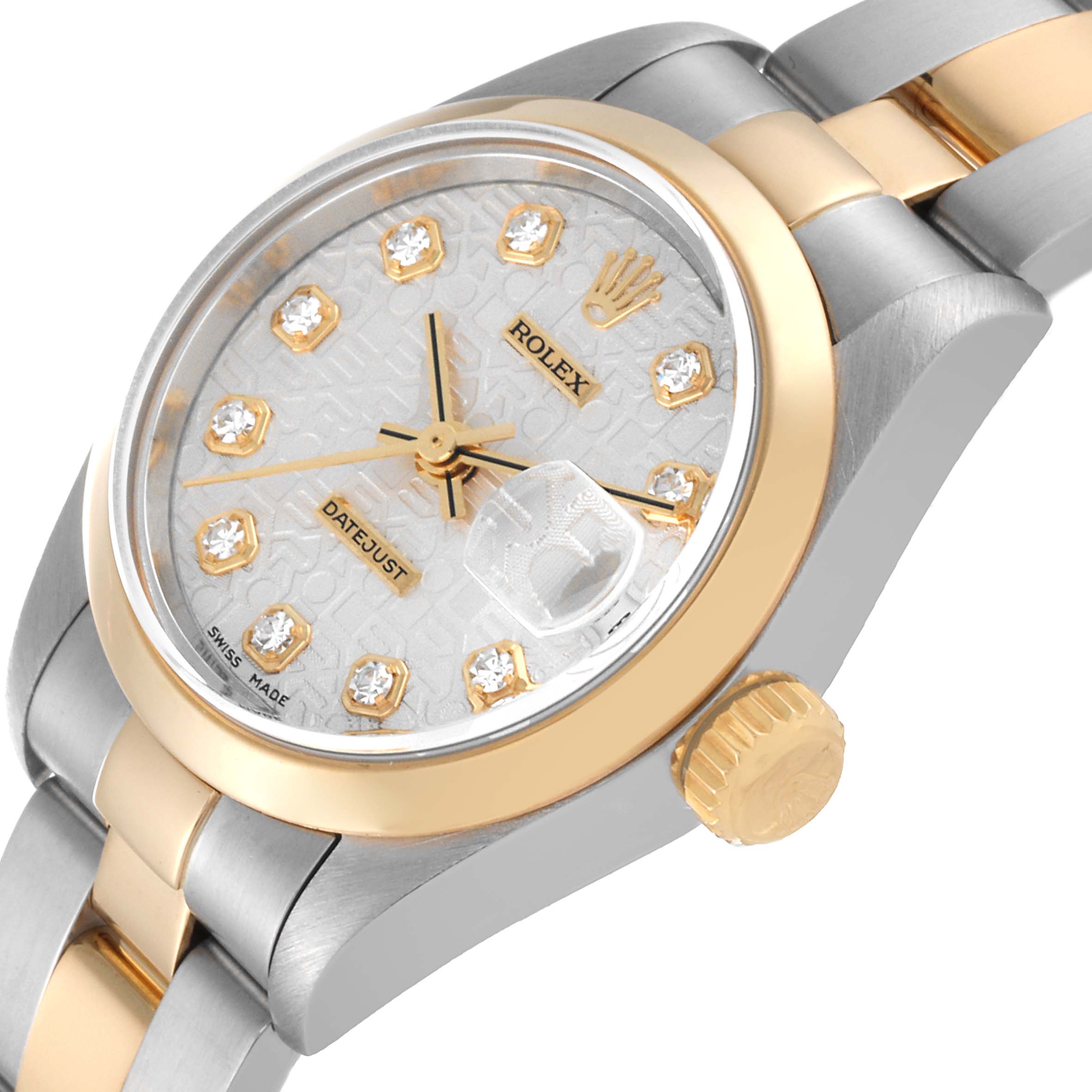 The image shows a close-up of a Rolex Datejust 79163 Women's Steel and Gold (two tone) Silver Dial 79163 Women's Steel and Gold (two tone) Silver Dial watch at an angle, highlighting the face, bezel, crown, and part of the bracelet.
