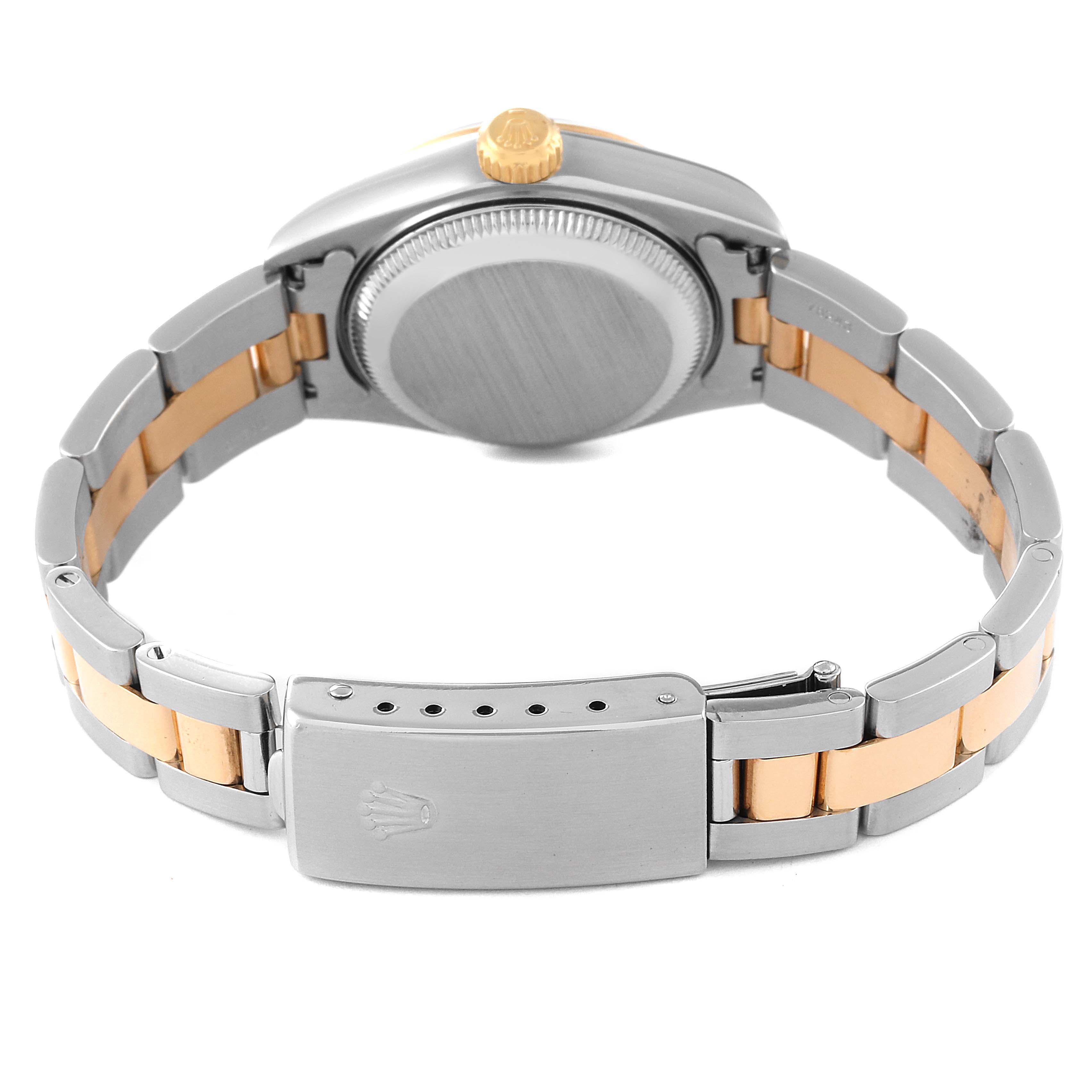 The image shows the back view of a Rolex Datejust 79163 Women's Steel and Gold (two tone) Silver Dial 79163 Women's Steel and Gold (two tone) Silver Dial watch, highlighting the case back, crown, and two-tone bracelet with clasp.