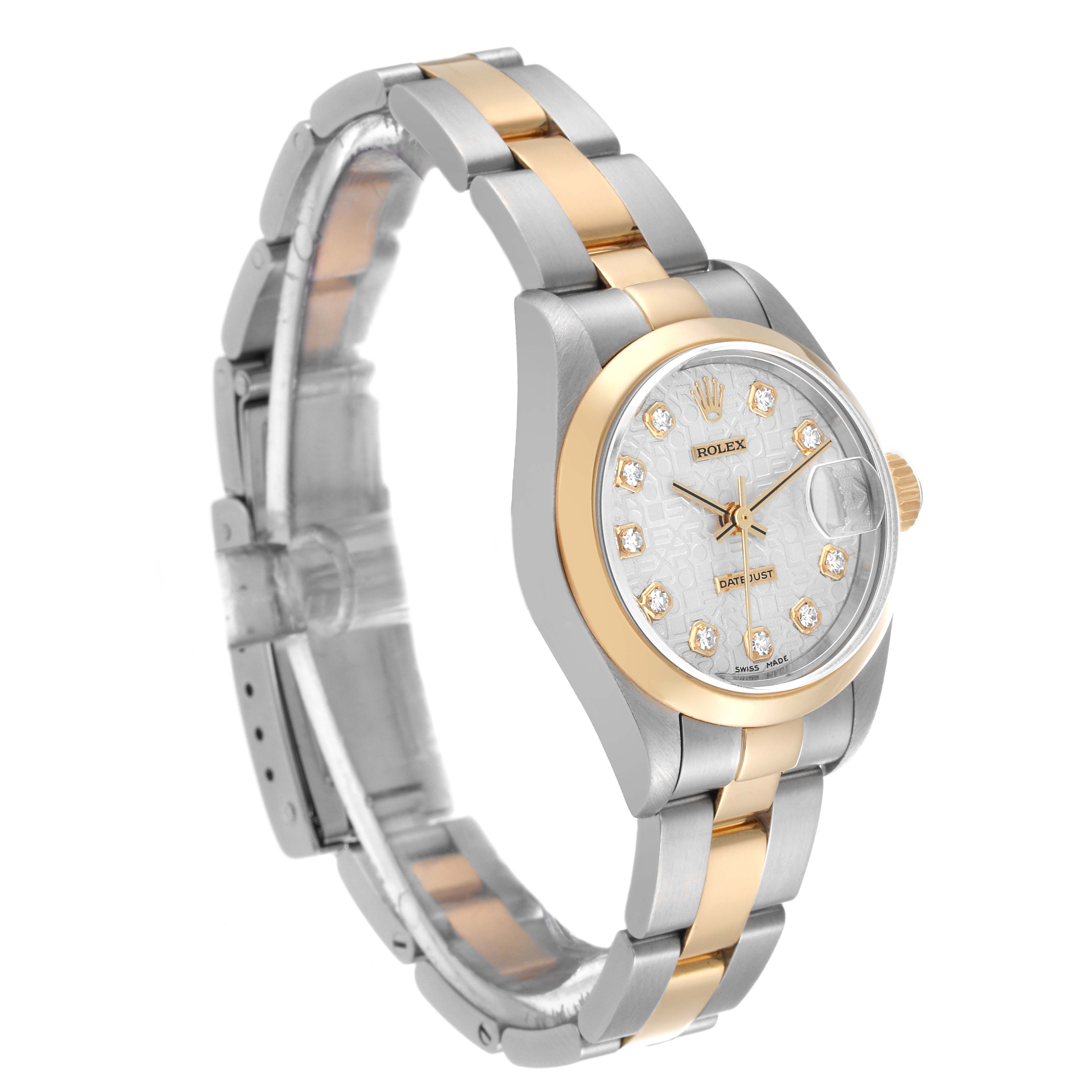 The Rolex Datejust 79163 Women's Steel and Gold (two tone) Silver Dial 79163 Women's Steel and Gold (two tone) Silver Dial watch is shown at a three-quarter angle, displaying the dial, bezel, and bracelet.