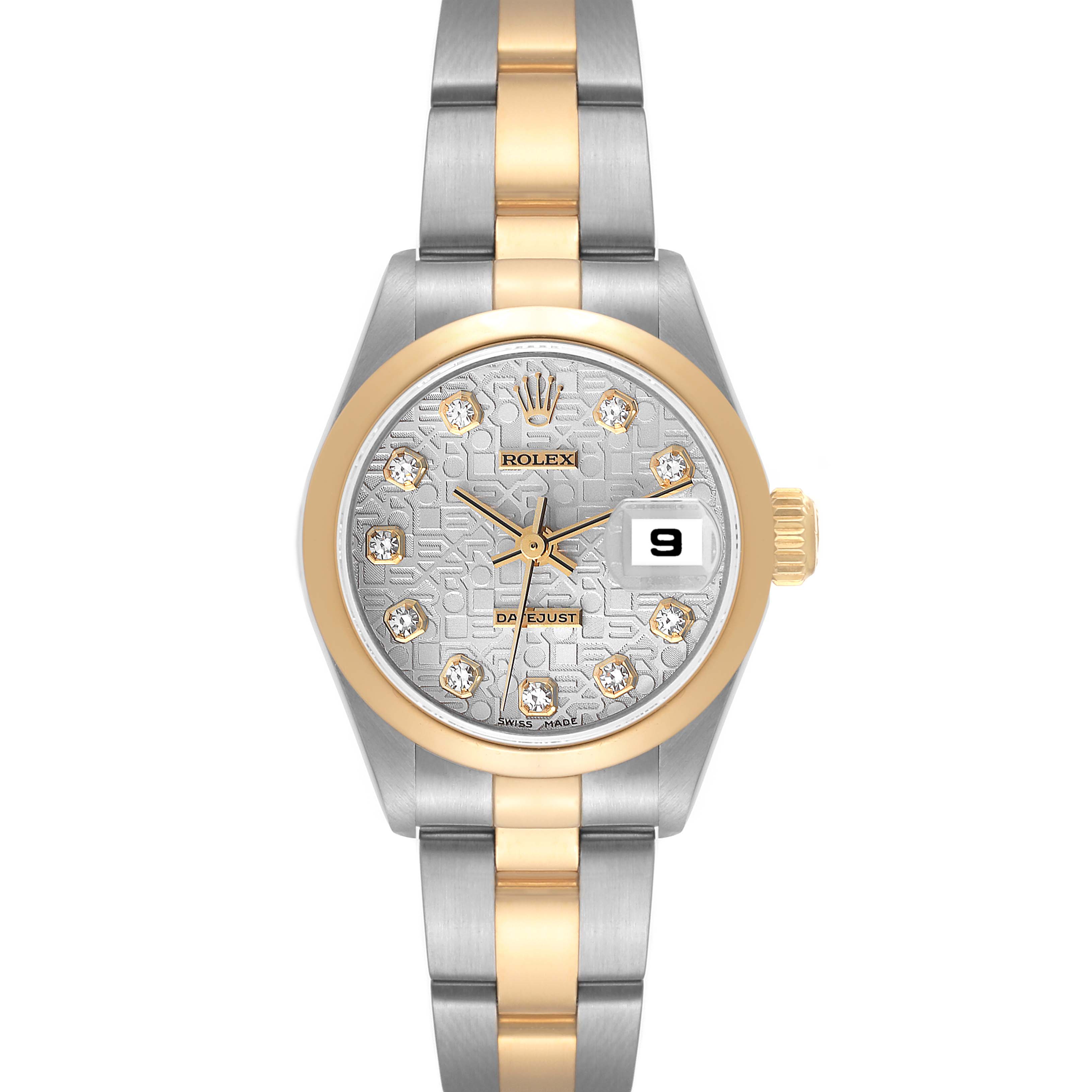 This is a front view of the Rolex Datejust 79163 Women's Steel and Gold (two tone) Silver Dial 79163 Women's Steel and Gold (two tone) Silver Dial watch showcasing its dial, hands, diamond hour markers, and bracelet.