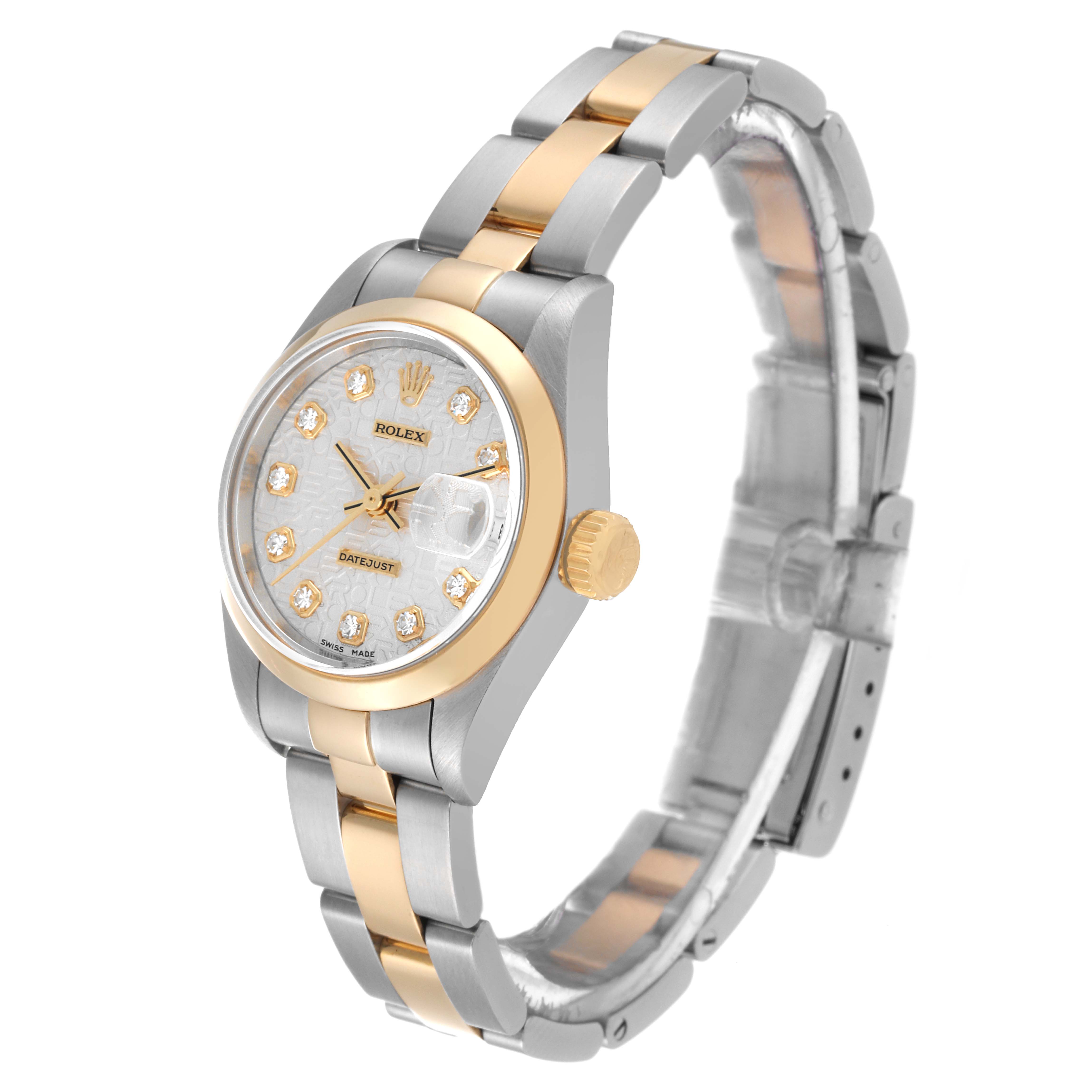 The image shows a Rolex Datejust 79163 Women's Steel and Gold (two tone) Silver Dial 79163 Women's Steel and Gold (two tone) Silver Dial watch at a three-quarter angle, highlighting the dial, bezel, and bracelet.