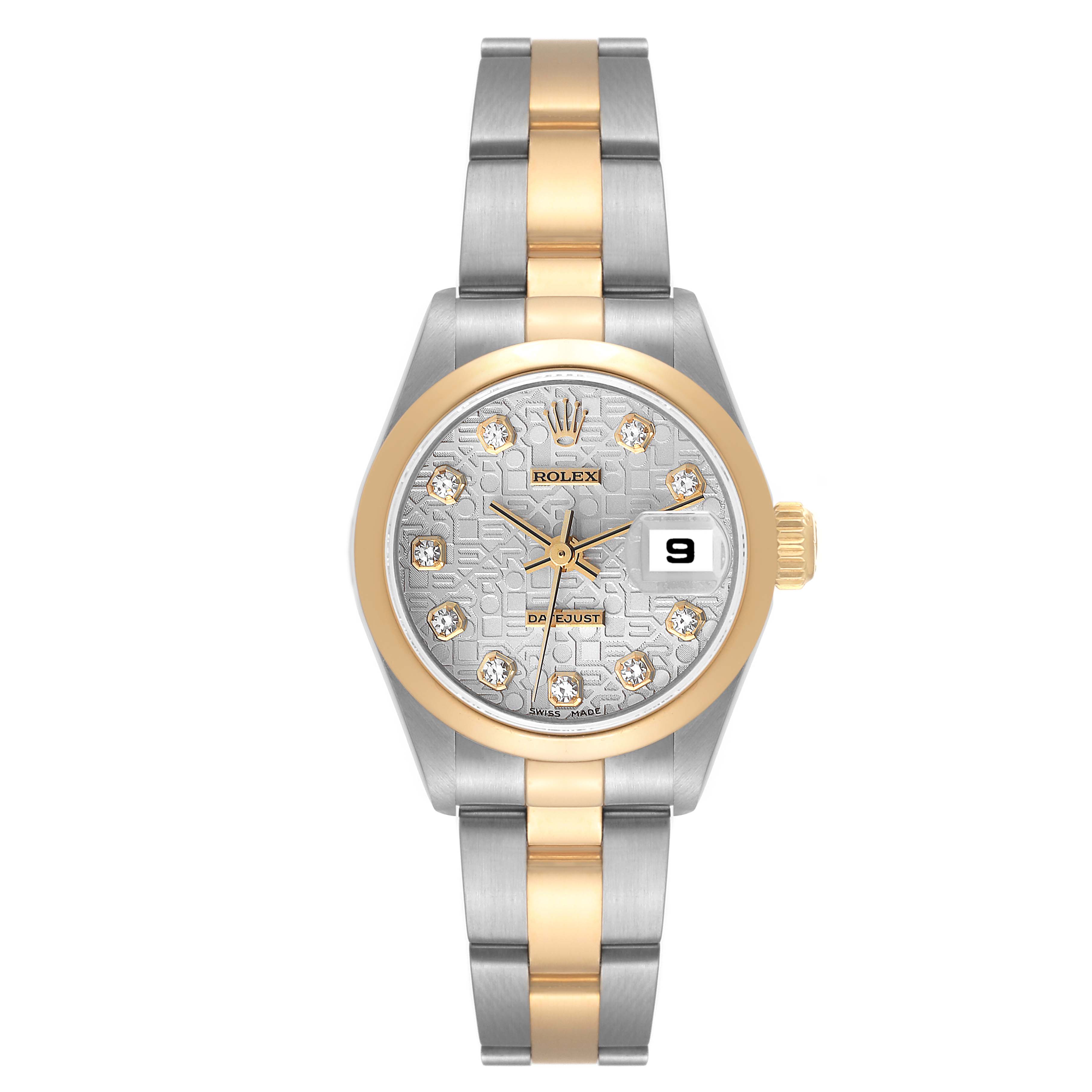 The image shows a Rolex Datejust 79163 Women's Steel and Gold (two tone) Silver Dial 79163 Women's Steel and Gold (two tone) Silver Dial watch from a top-down view, featuring a two-tone bracelet, diamond indices, and a date window.