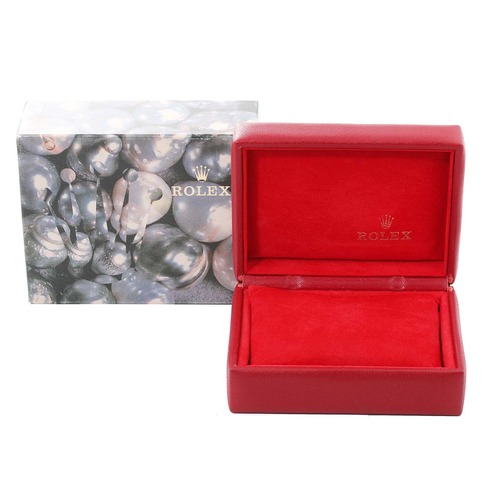 The image shows a red Rolex Datejust 79163 Women's Steel and Gold (two tone) Silver Dial 79163 Women's Steel and Gold (two tone) Silver Dial watch box with an empty interior, accompanied by a decorative outer box.