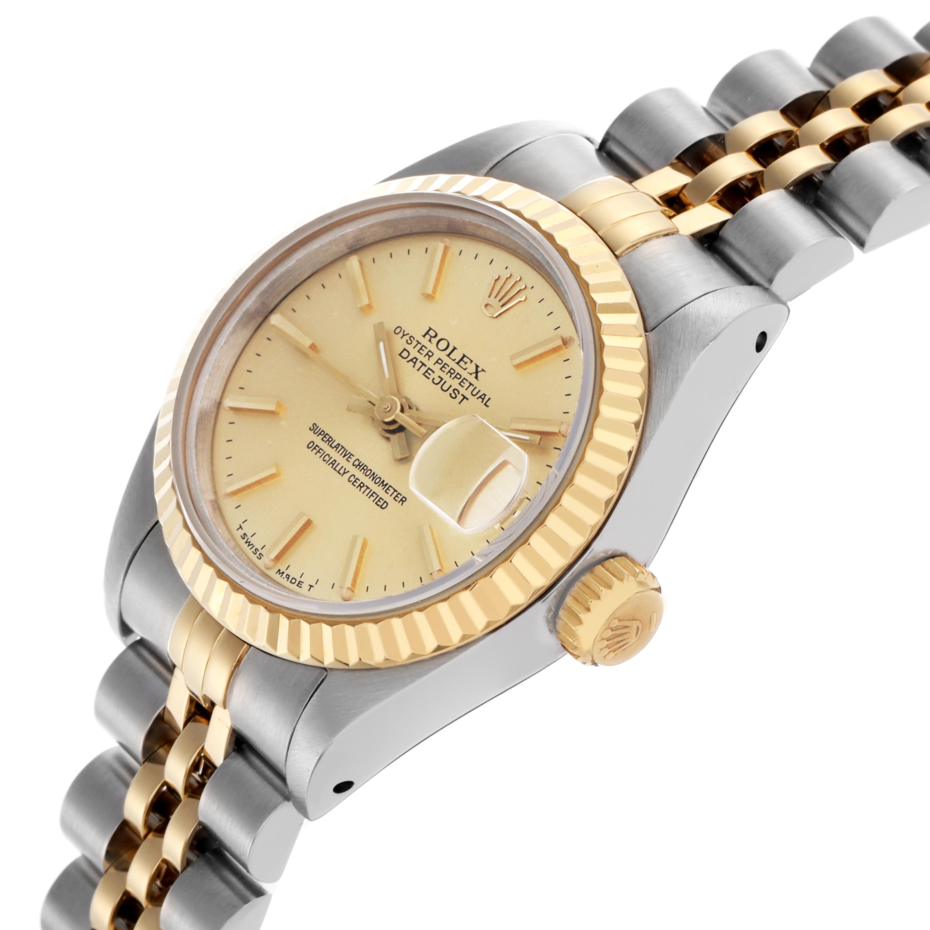 The Rolex Datejust 69173 Women's Steel and Gold (two tone) Champagne Dial 69173 Women's Steel and Gold (two tone) Champagne Dial watch is shown at an oblique angle, highlighting the bezel, dial, crown, and part of the bracelet.
