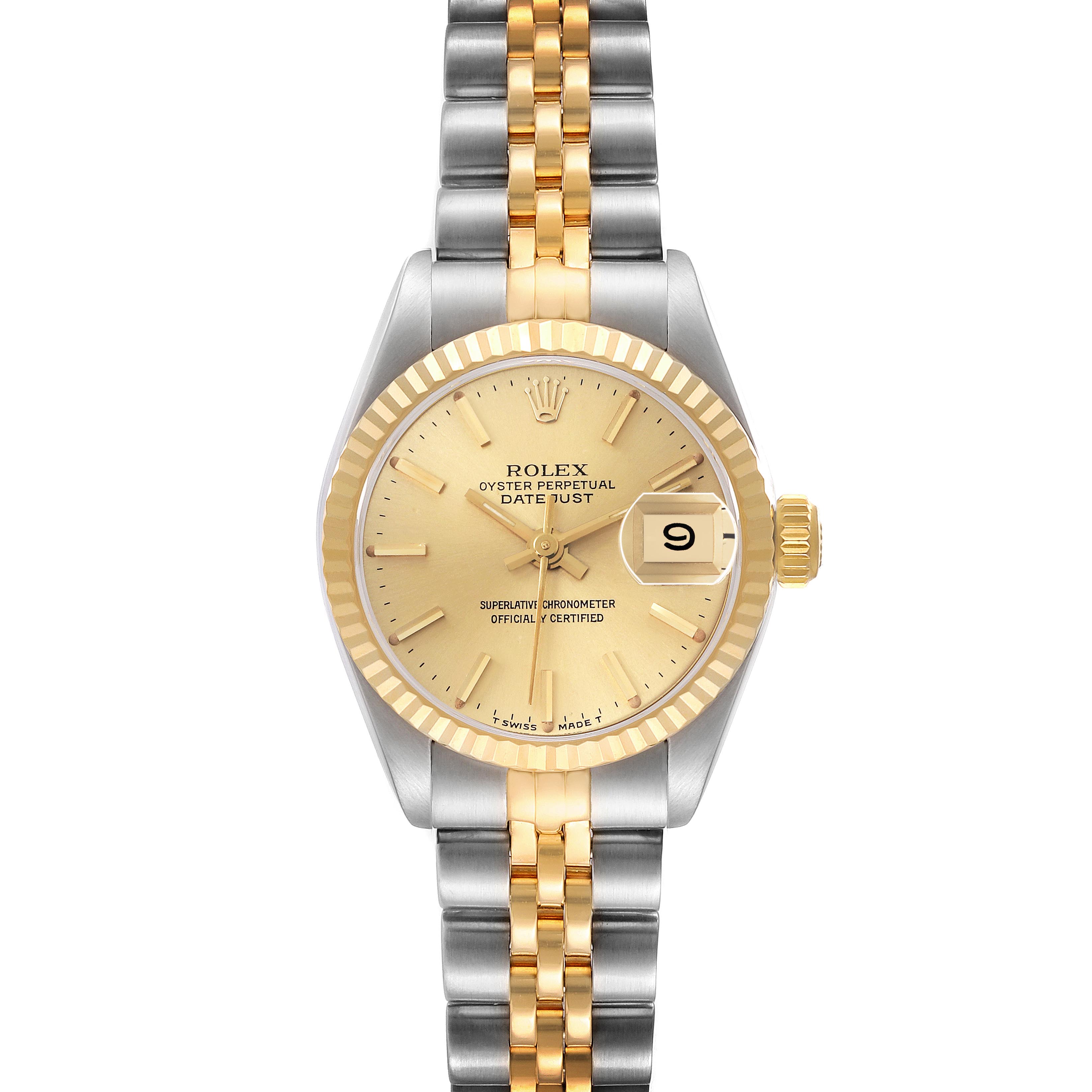 The Rolex Datejust 69173 Women's Steel and Gold (two tone) Champagne Dial 69173 Women's Steel and Gold (two tone) Champagne Dial watch is shown from the front, highlighting the dial, bezel, and two-tone bracelet.