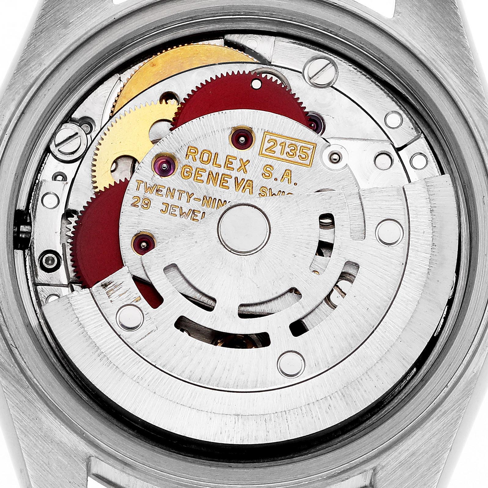 The image shows the internal mechanism of a Rolex Datejust 69173 Women's Steel and Gold (two tone) Champagne Dial 69173 Women's Steel and Gold (two tone) Champagne Dial watch from a rear angle, highlighting gears and the rotor.