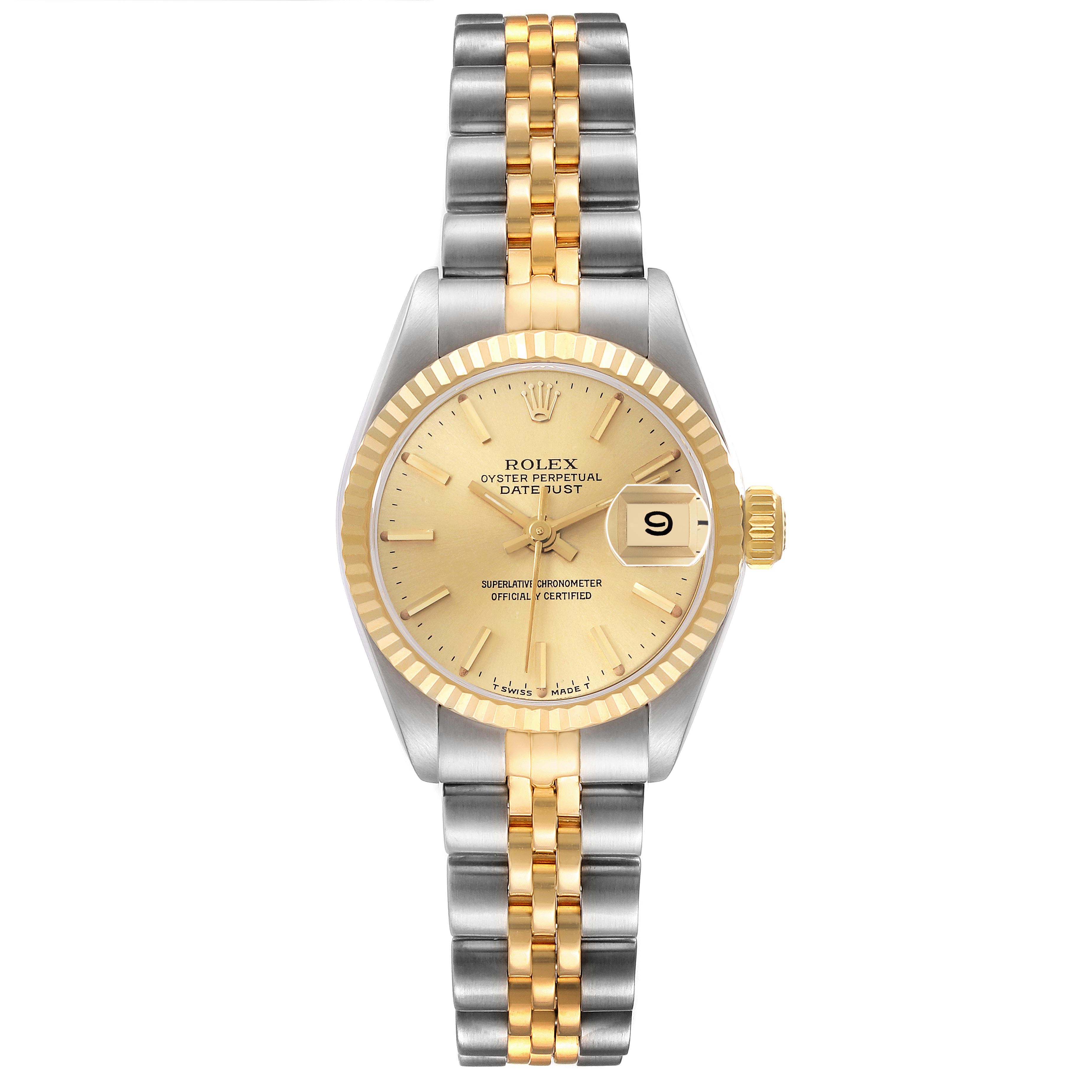 The Rolex Datejust 69173 Women's Steel and Gold (two tone) Champagne Dial 69173 Women's Steel and Gold (two tone) Champagne Dial watch is shown from the front, displaying the dial, date window, bezel, and two-tone bracelet.