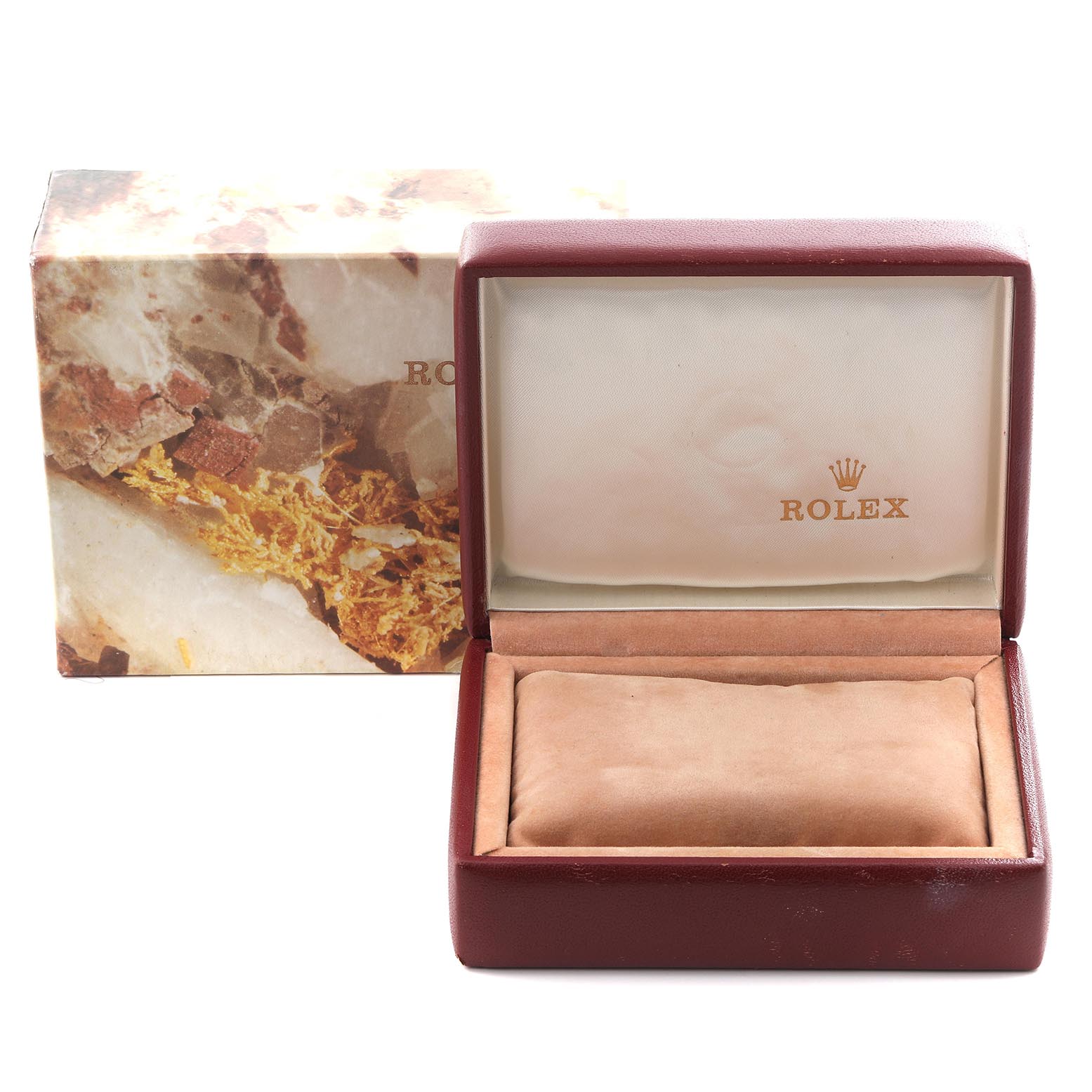 The image shows a Rolex Datejust 69173 Women's Steel and Gold (two tone) Champagne Dial 69173 Women's Steel and Gold (two tone) Champagne Dial watch box, open to display the interior cushion and the closed outer packaging.