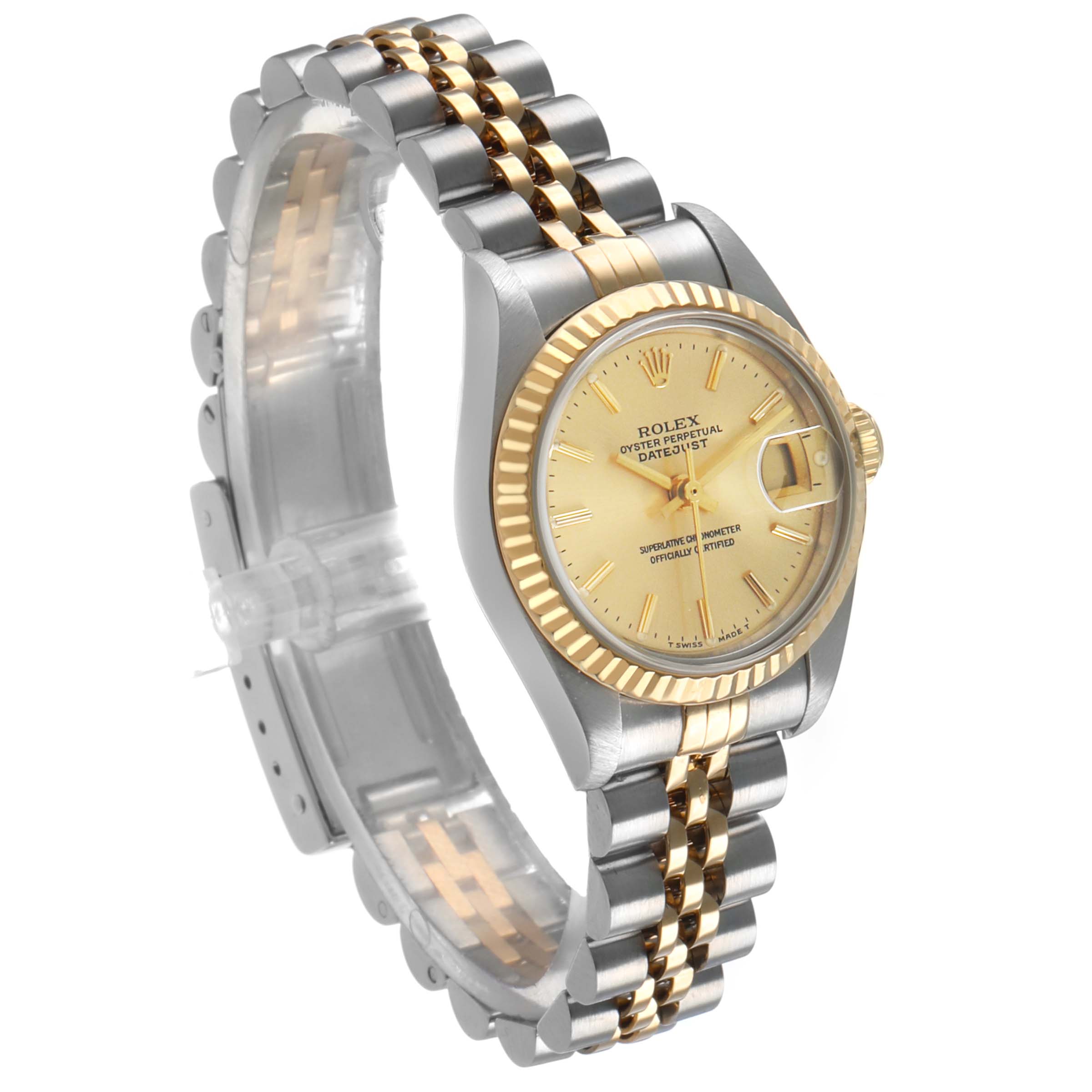 The Rolex Datejust 79173 Women's Steel and Gold (two tone) Champagne Dial watch is shown at a three-quarter angle, highlighting the bezel, dial, bracelet, and clasp.