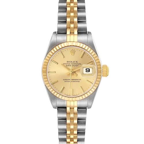 The Rolex Datejust 79173 Women's Steel and Gold (two tone) Champagne Dial watch is shown from a top-down angle, displaying its dial, bezel, crown, and Jubilee bracelet.