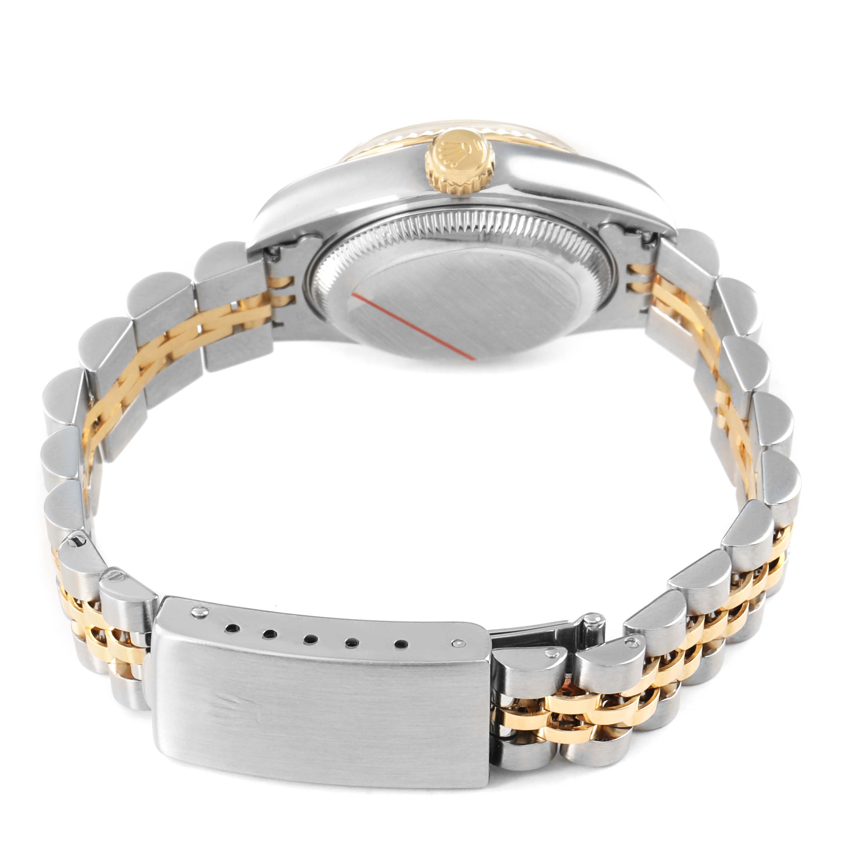 The image shows the side angle of a Rolex Datejust 79173 Women's Steel and Gold (two tone) Champagne Dial watch, highlighting the gold crown, case back, and two-tone bracelet with clasp.