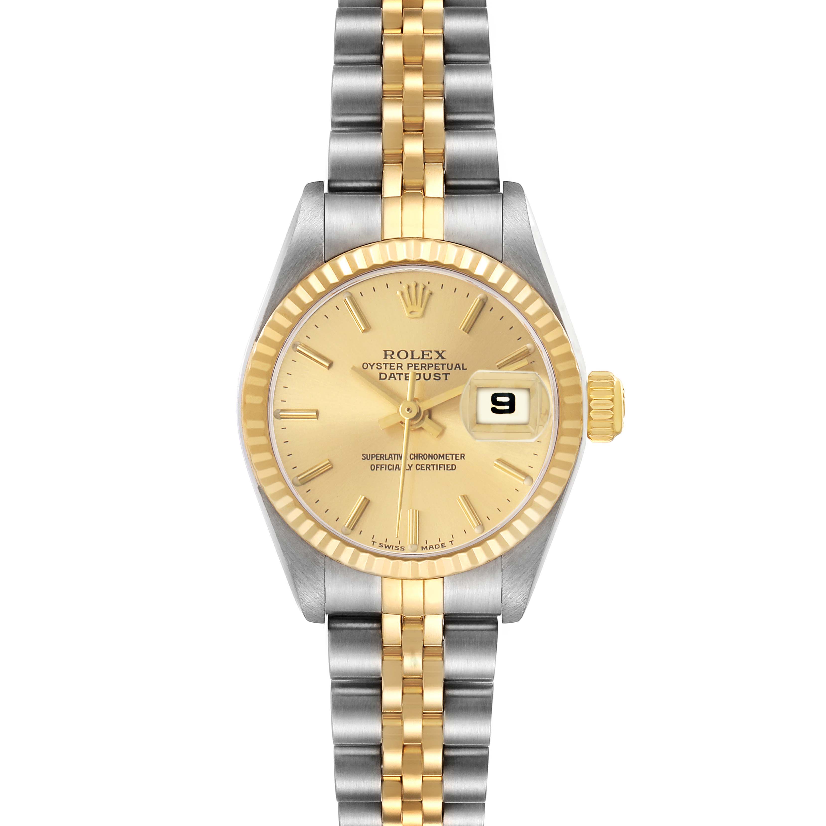 The Rolex Datejust 79173 Women's Steel and Gold (two tone) Champagne Dial watch is shown from a top view, highlighting the gold dial, fluted bezel, and two-tone Jubilee bracelet.