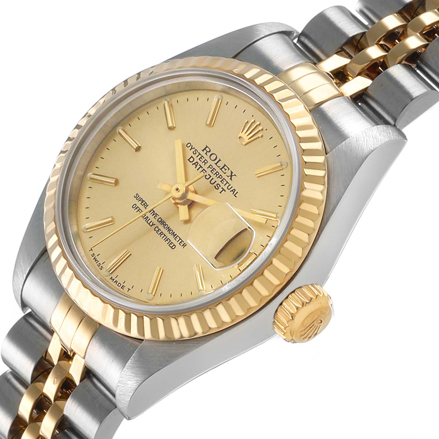 The Rolex Datejust 79173 Women's Steel and Gold (two tone) Champagne Dial watch is shown at an angled side view, highlighting the gold bezel, crown, and parts of the jubilee bracelet.