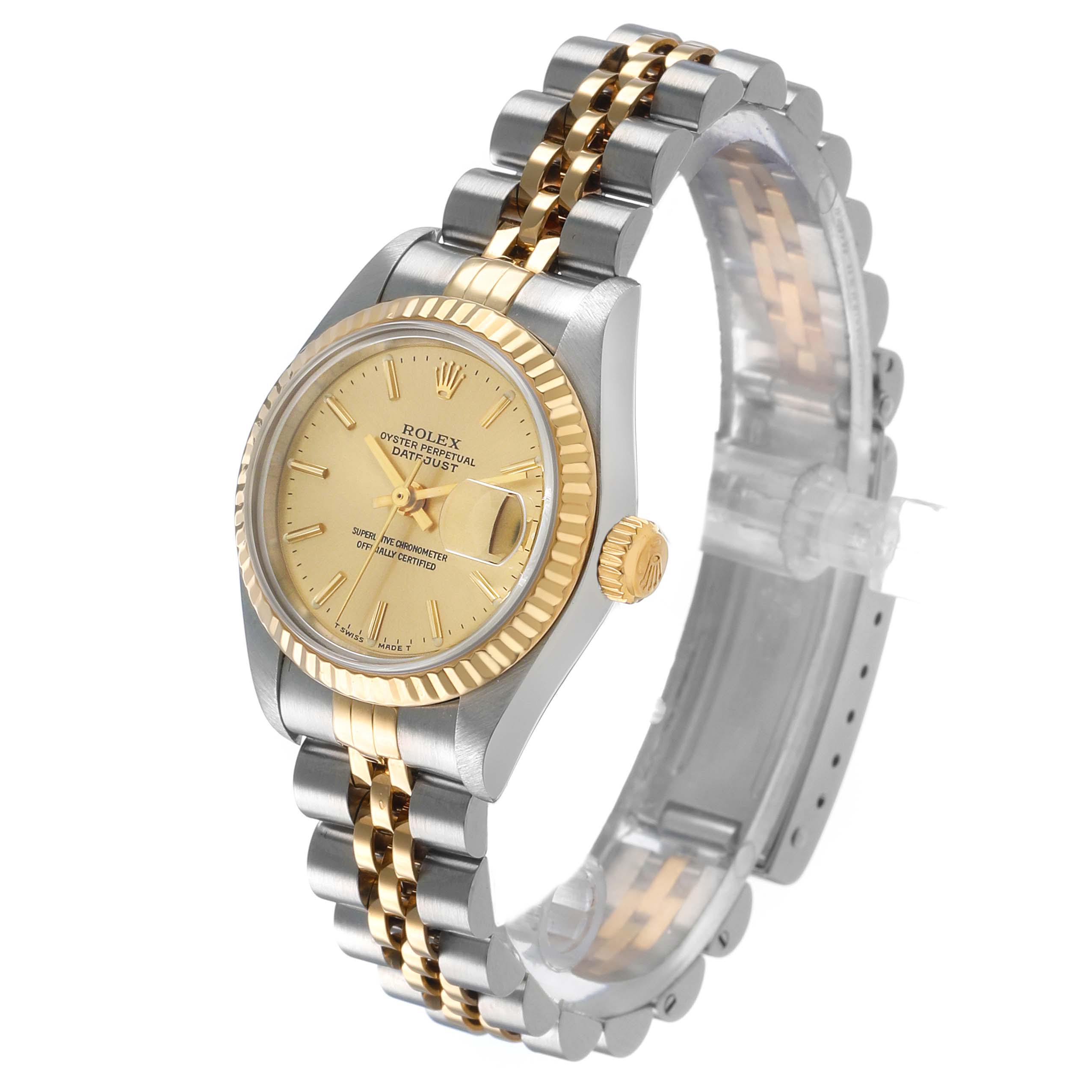 The Rolex Datejust 79173 Women's Steel and Gold (two tone) Champagne Dial watch is shown at a three-quarter angle, highlighting the gold fluted bezel and two-tone bracelet.