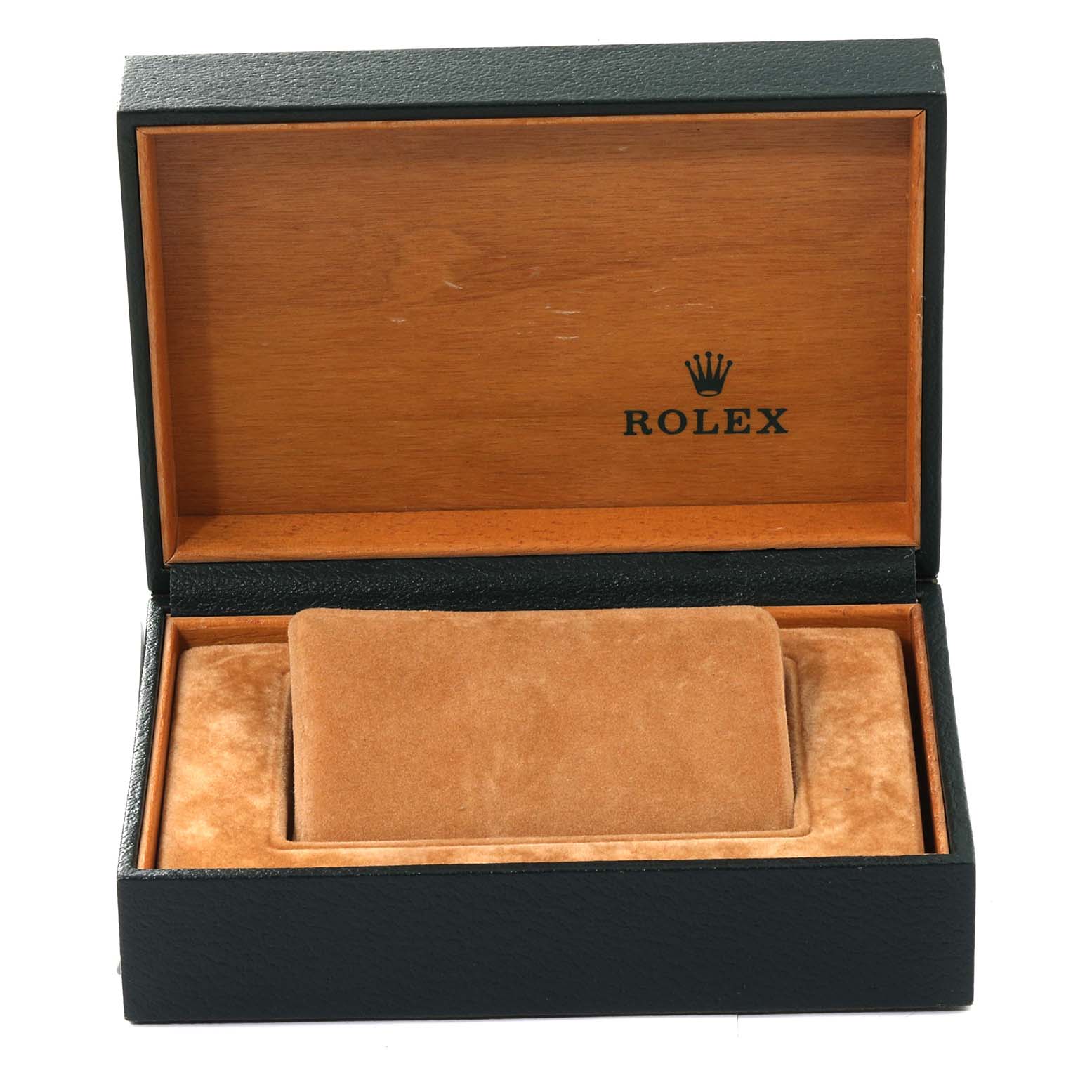 An open Rolex Datejust 16233 Men's Steel and Gold (two tone) Champagne Dial 16233 Men's Steel and Gold (two tone) Champagne Dial watch box is shown, revealing a plush interior with a cushion for the watch.