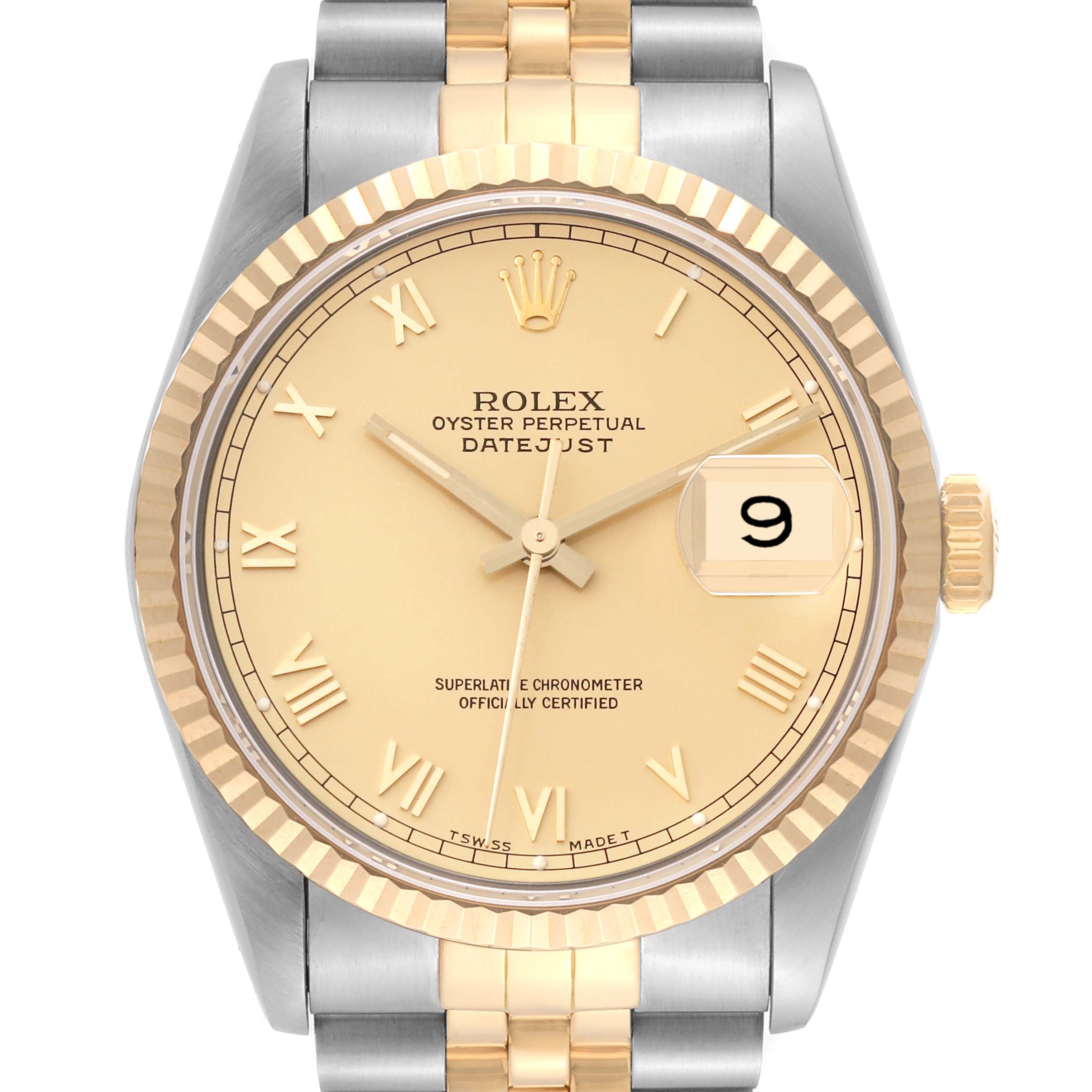 The image shows a front view of a Rolex Datejust 16233 Men's Steel and Gold (two tone) Champagne Dial 16233 Men's Steel and Gold (two tone) Champagne Dial watch, highlighting the dial, bezel, crown, and part of the bracelet.