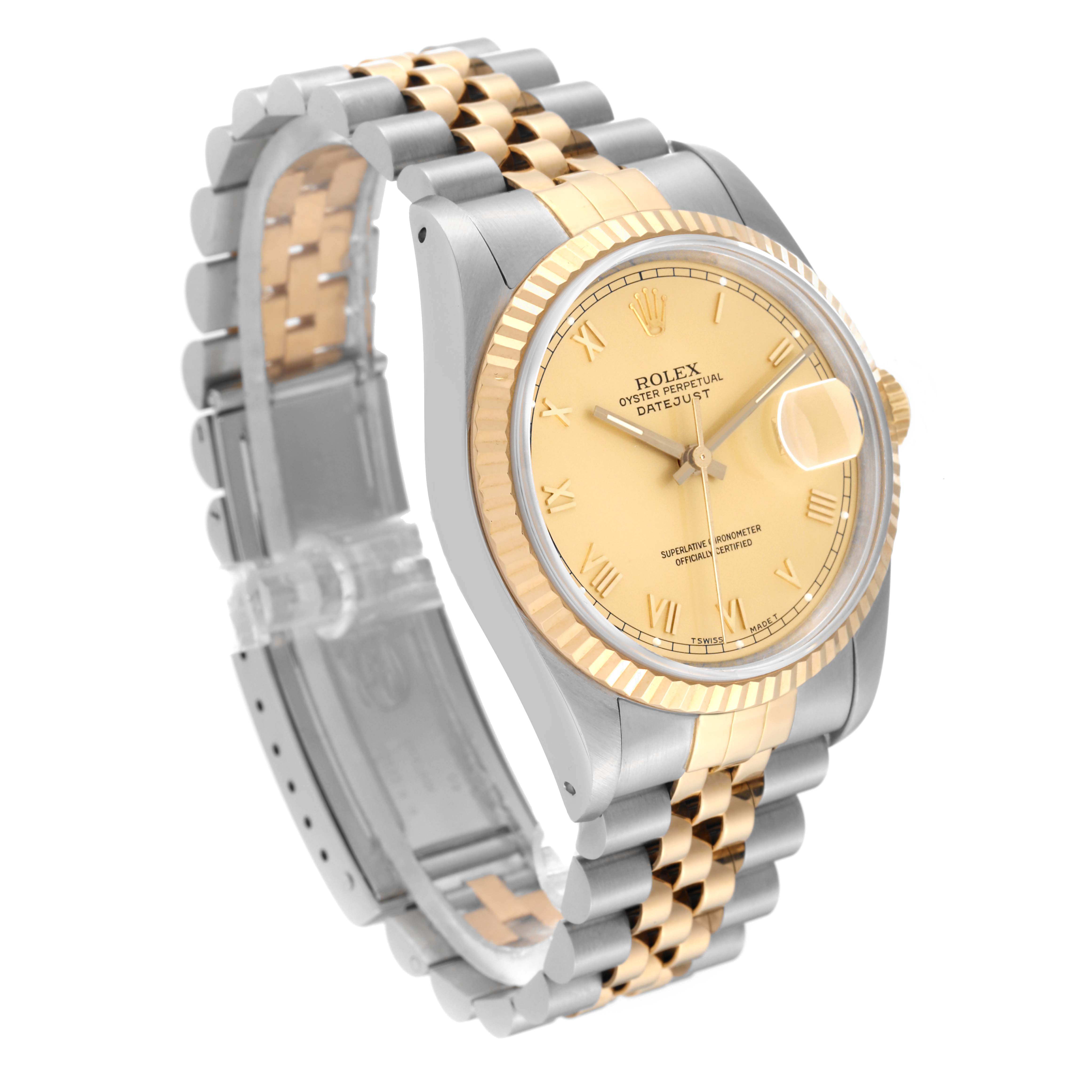This image shows a Rolex Datejust 16233 Men's Steel and Gold (two tone) Champagne Dial 16233 Men's Steel and Gold (two tone) Champagne Dial watch at a slight angle, highlighting its gold dial, two-tone gold and silver fluted bezel, and Jubilee bracelet.