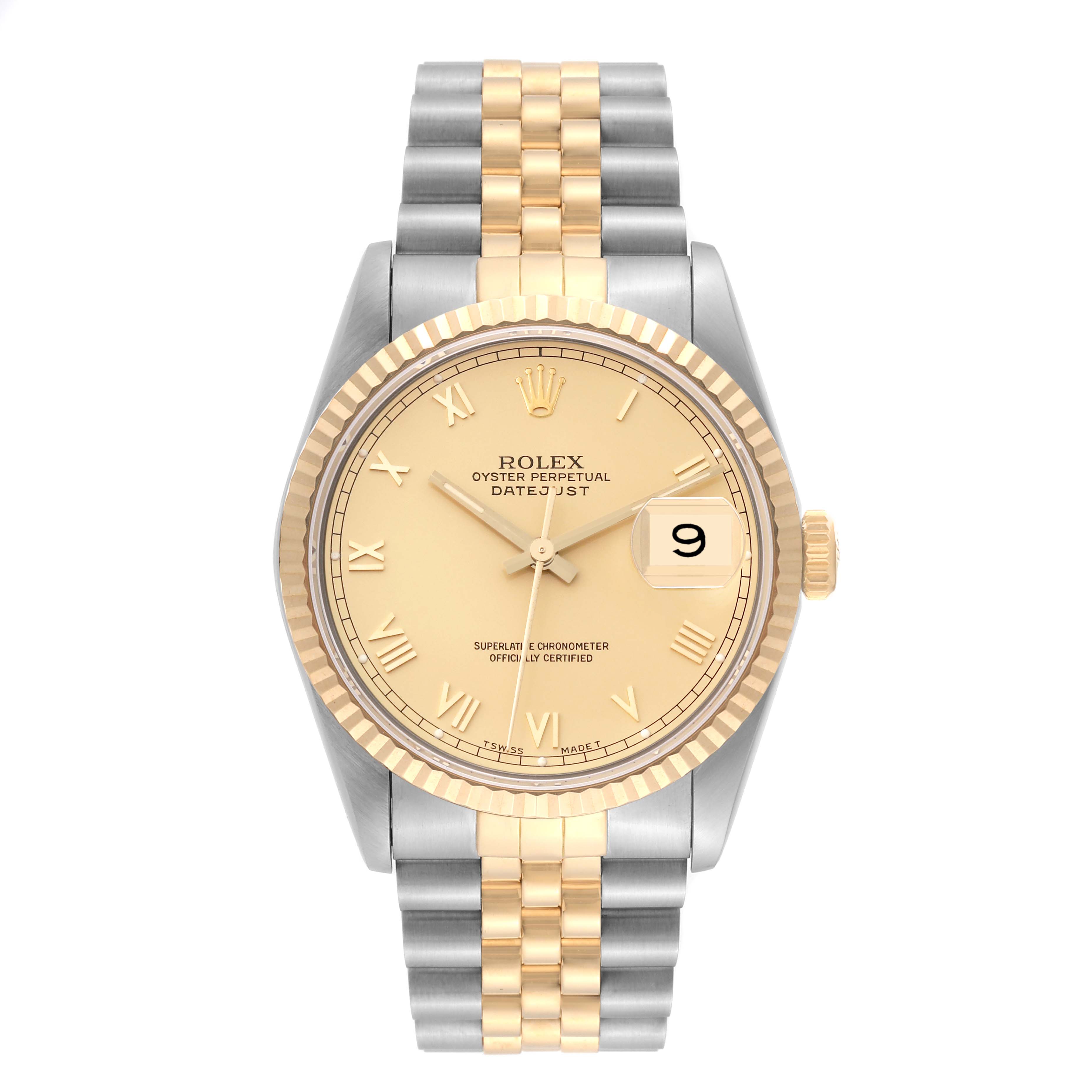 This image shows a frontal view of a Rolex Datejust 16233 Men's Steel and Gold (two tone) Champagne Dial 16233 Men's Steel and Gold (two tone) Champagne Dial watch, highlighting the dial, bezel, hands, and two-tone bracelet.
