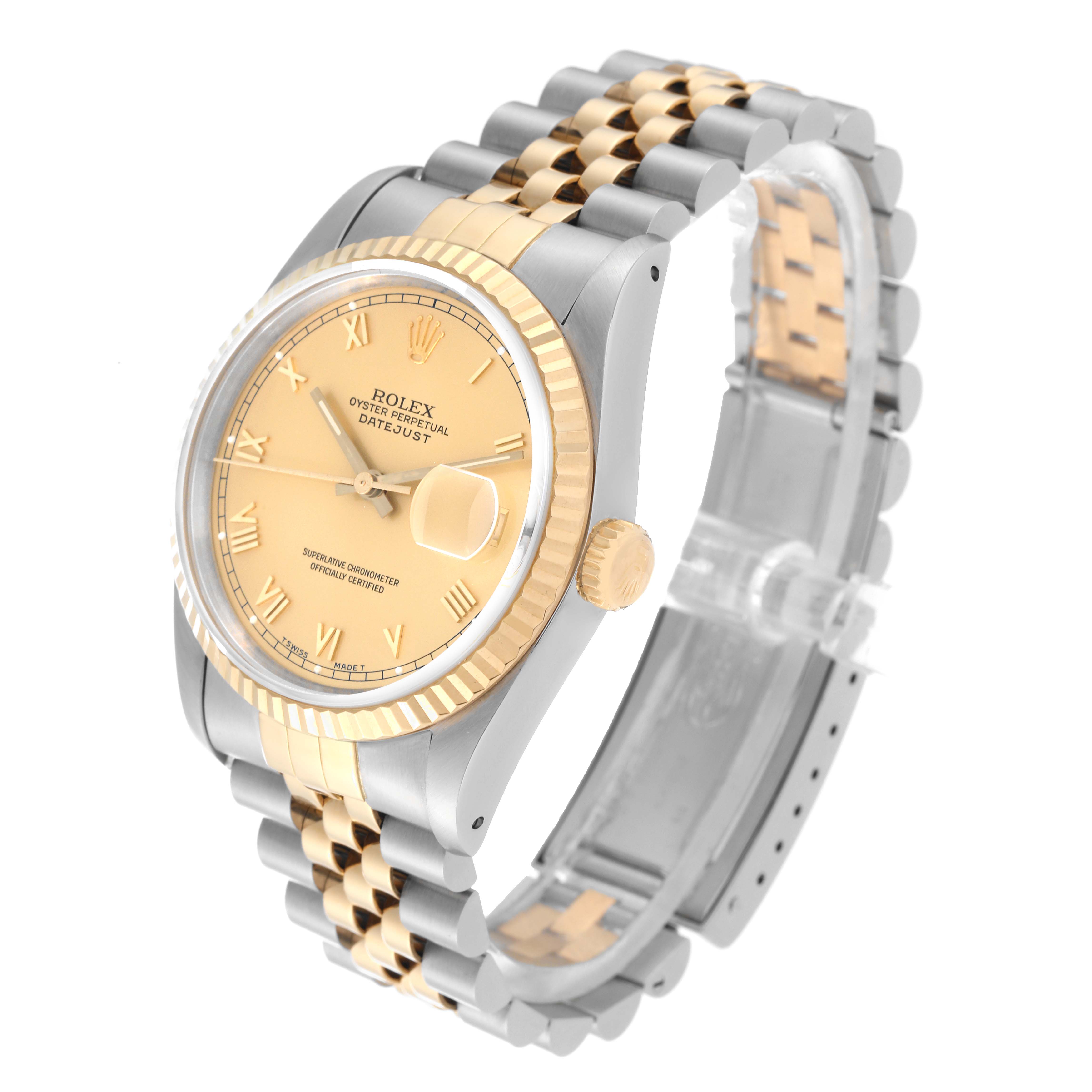 The image shows a side and top angle of a Rolex Datejust 16233 Men's Steel and Gold (two tone) Champagne Dial 16233 Men's Steel and Gold (two tone) Champagne Dial watch, highlighting its dial, fluted bezel, crown, and two-tone bracelet.