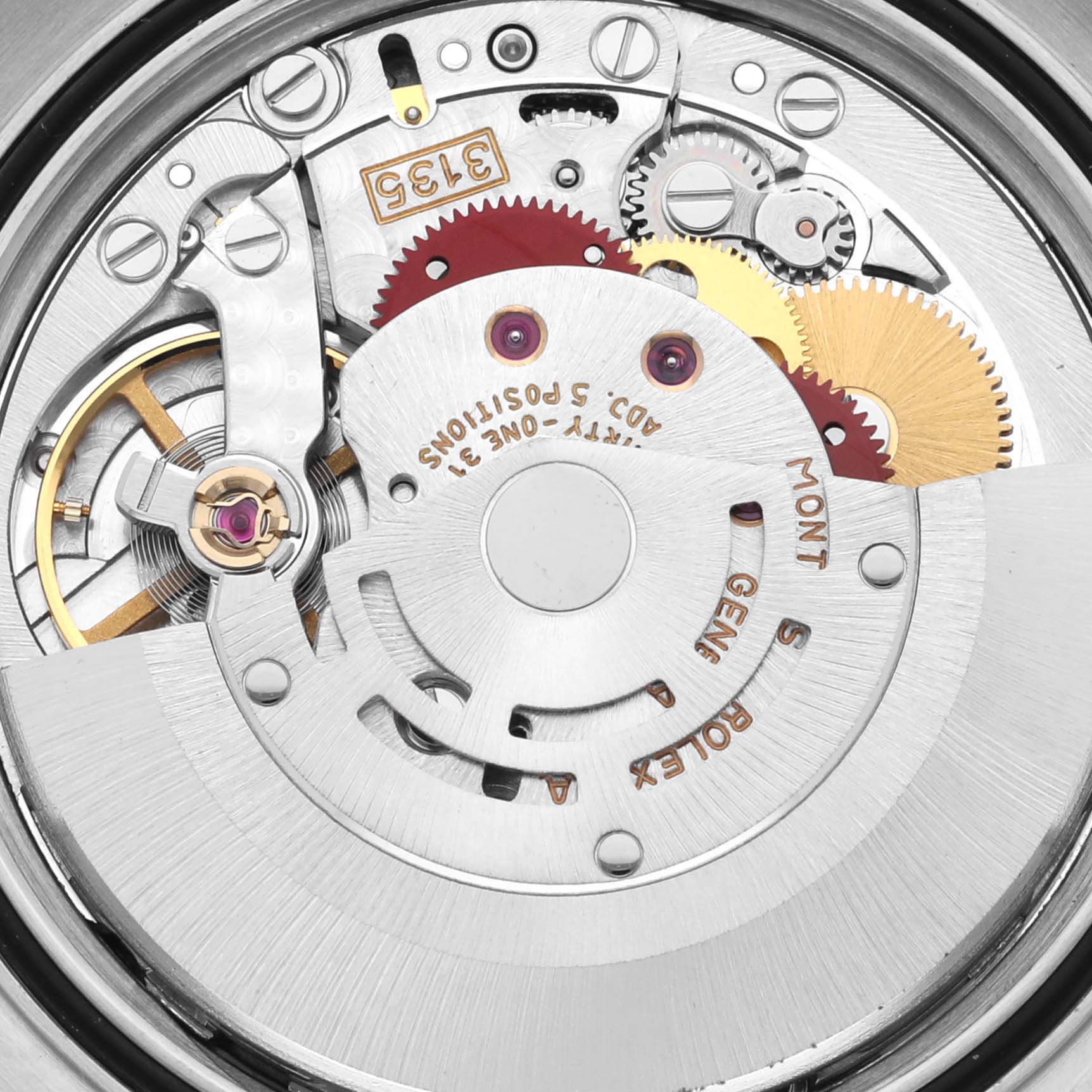 This is a close-up image of the internal mechanism of a Rolex Datejust 16233 Men's Steel and Gold (two tone) Champagne Dial 16233 Men's Steel and Gold (two tone) Champagne Dial watch.