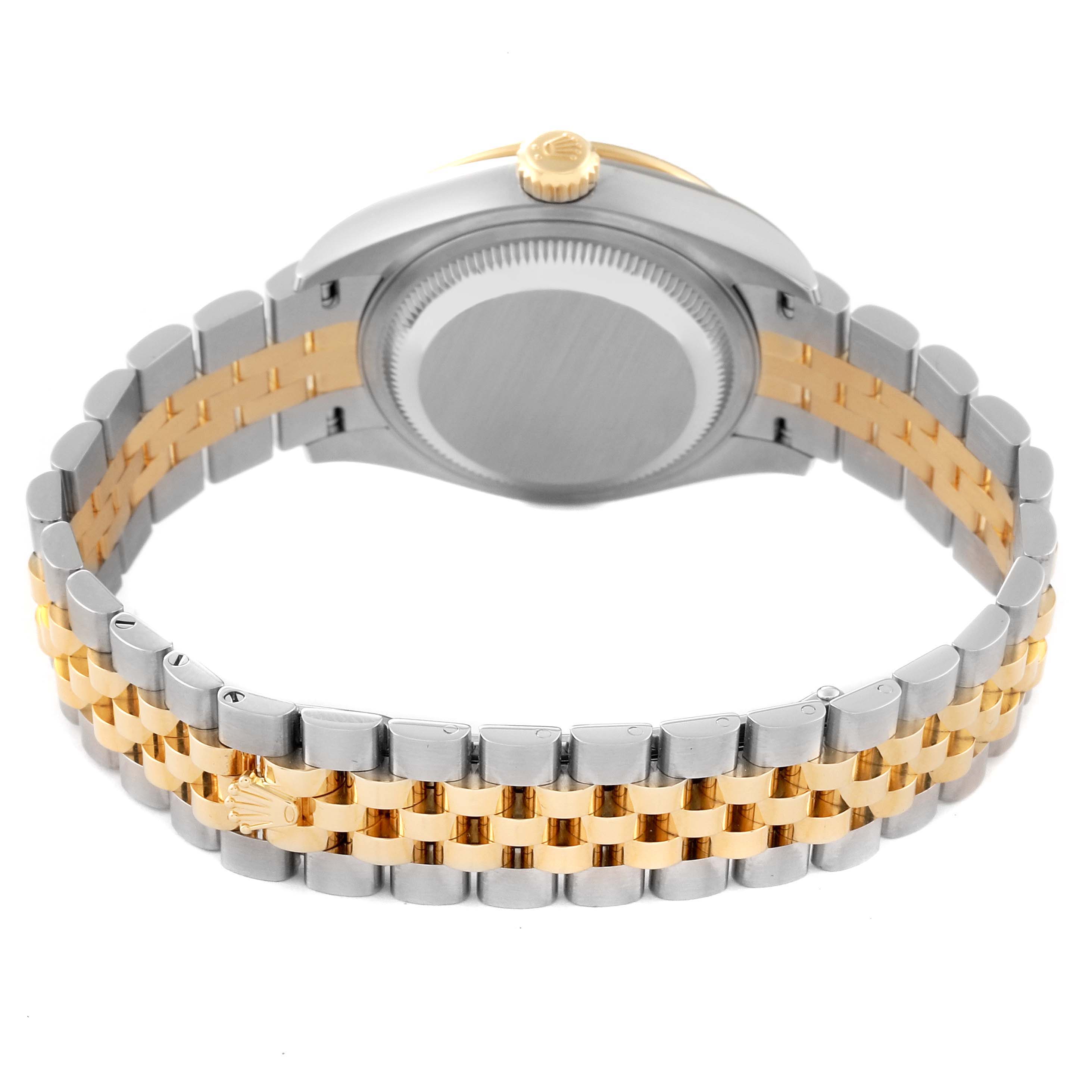This image shows the back view of a Rolex Datejust 279383 Women's Steel and Gold (two tone) Silver Dial 279383 Women's Steel and Gold (two tone) Silver Dial watch, highlighting its jubilee bracelet and the case back.