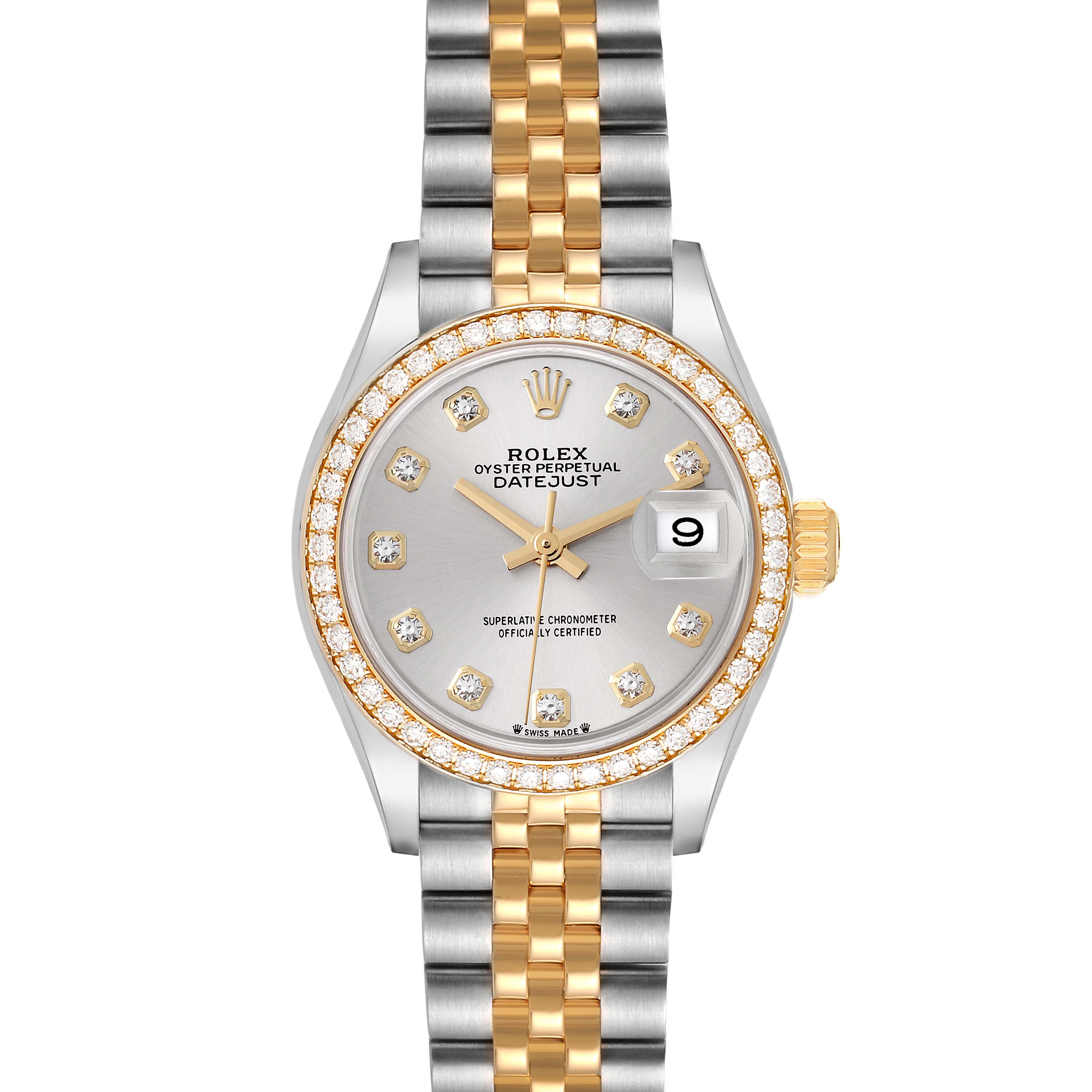 This image shows a Rolex Datejust 279383 Women's Steel and Gold (two tone) Silver Dial 279383 Women's Steel and Gold (two tone) Silver Dial watch from the front, highlighting its dial, bezel, and bracelet.