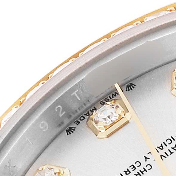 This image shows a close-up of the dial, bezel, and diamond hour markers of a Rolex Datejust 279383 Women's Steel and Gold (two tone) Silver Dial 279383 Women's Steel and Gold (two tone) Silver Dial watch.
