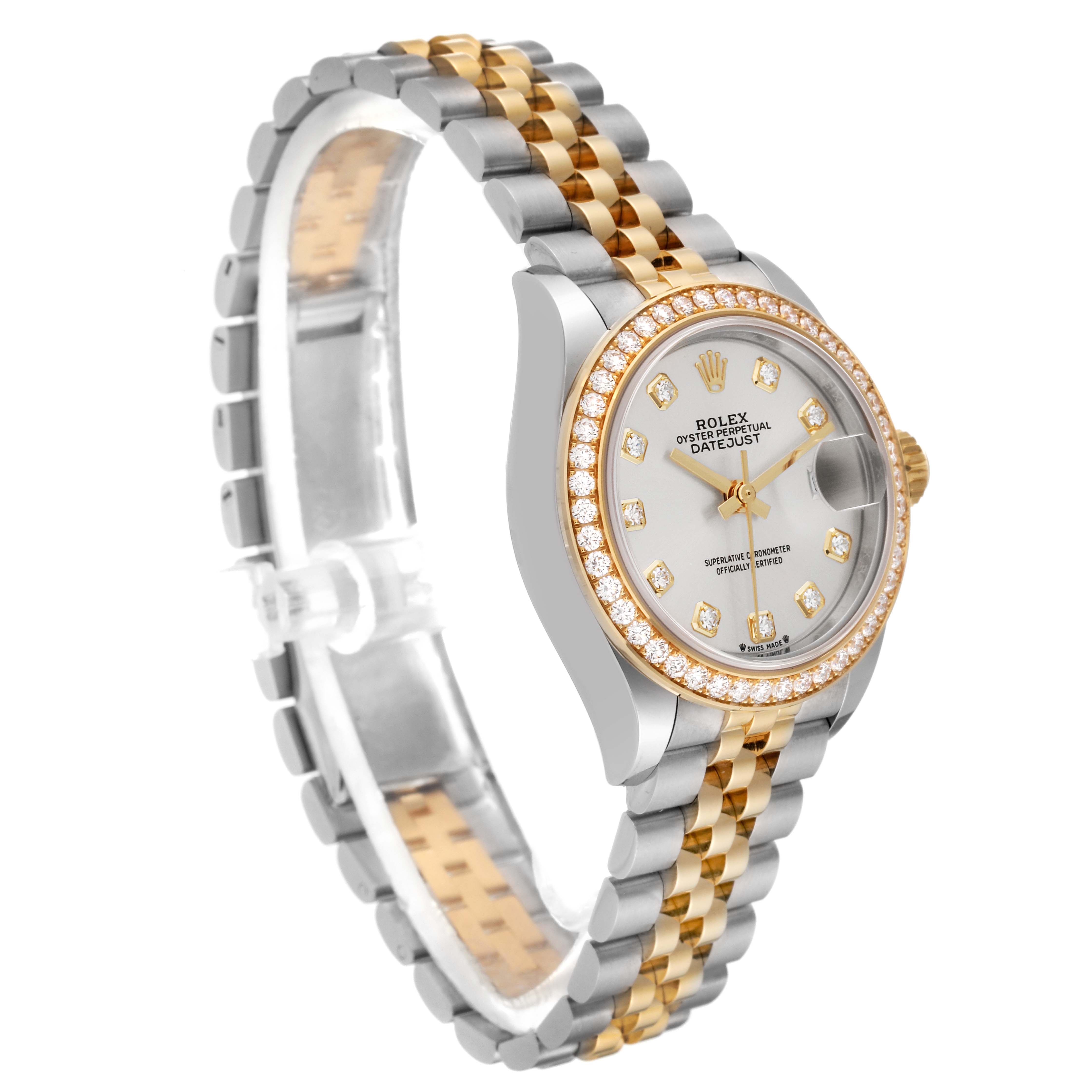 The image shows a Rolex Datejust 279383 Women's Steel and Gold (two tone) Silver Dial 279383 Women's Steel and Gold (two tone) Silver Dial watch from an angled side view, highlighting the bracelet, dial, and diamond bezel.