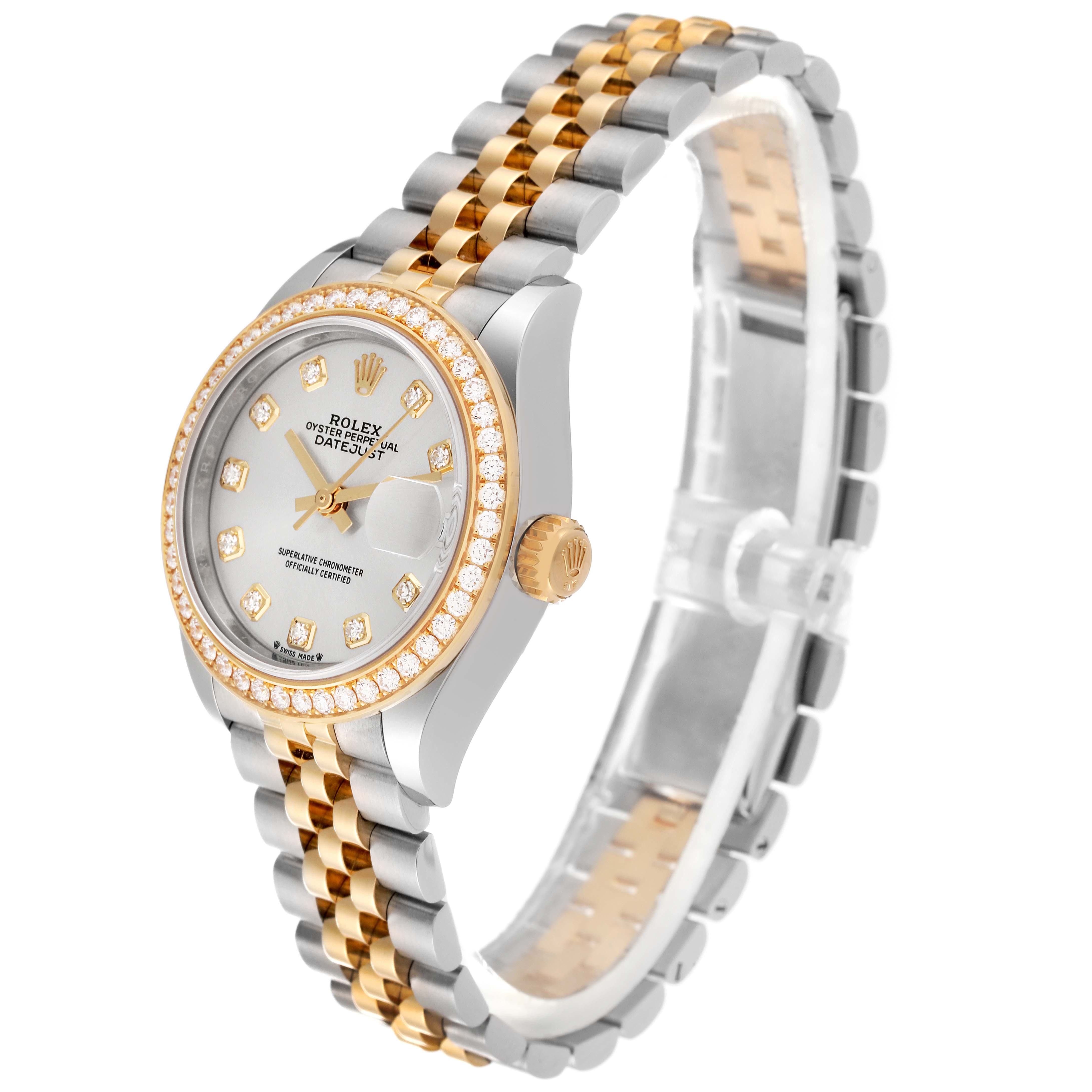 The image shows a Rolex Datejust 279383 Women's Steel and Gold (two tone) Silver Dial 279383 Women's Steel and Gold (two tone) Silver Dial watch angled slightly from the front, displaying the face, bezel, crown, and two-tone bracelet.