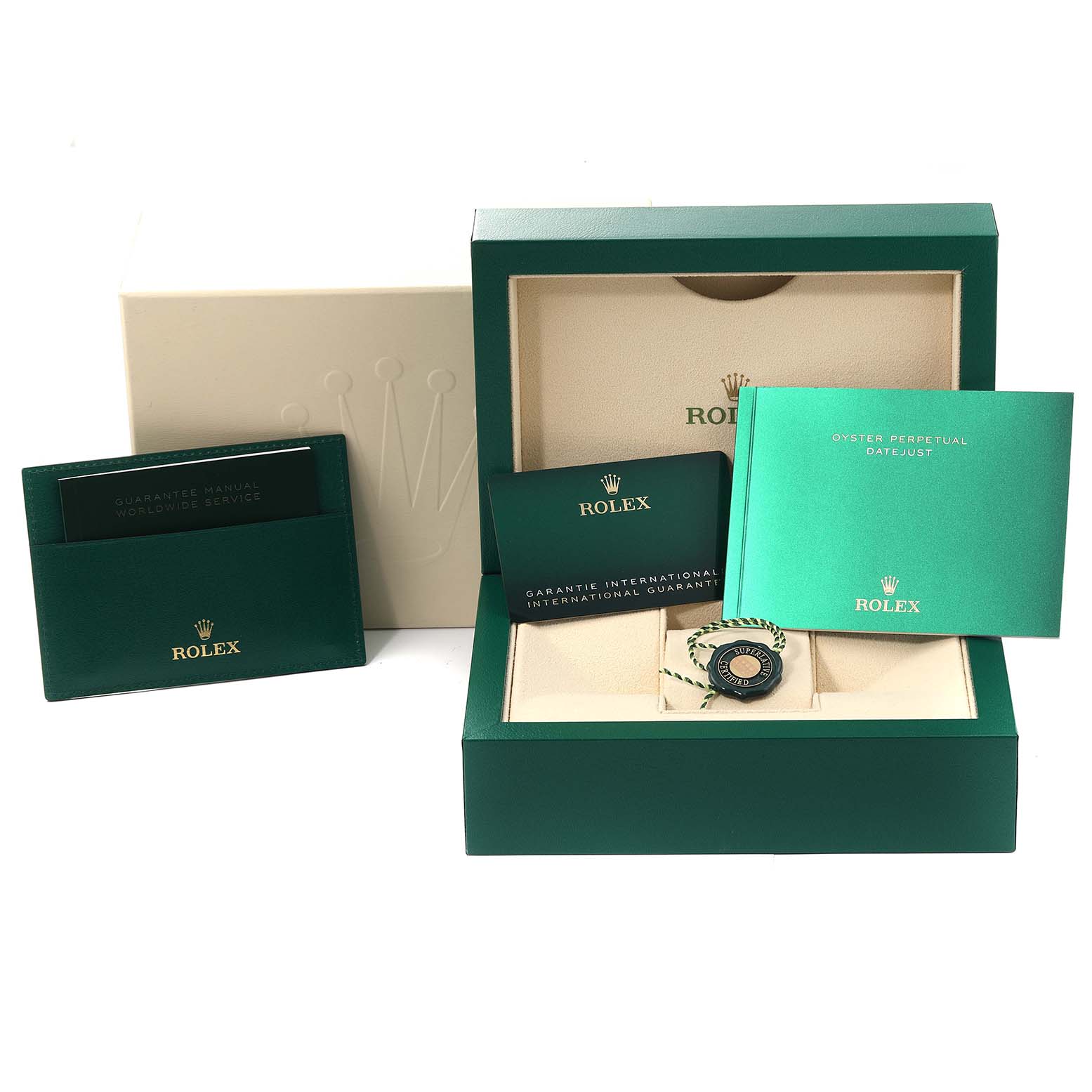 The image shows accessories for the Rolex Datejust 279383 Women's Steel and Gold (two tone) Silver Dial 279383 Women's Steel and Gold (two tone) Silver Dial including the box, warranty card, manual, and tag from a top-front angle.