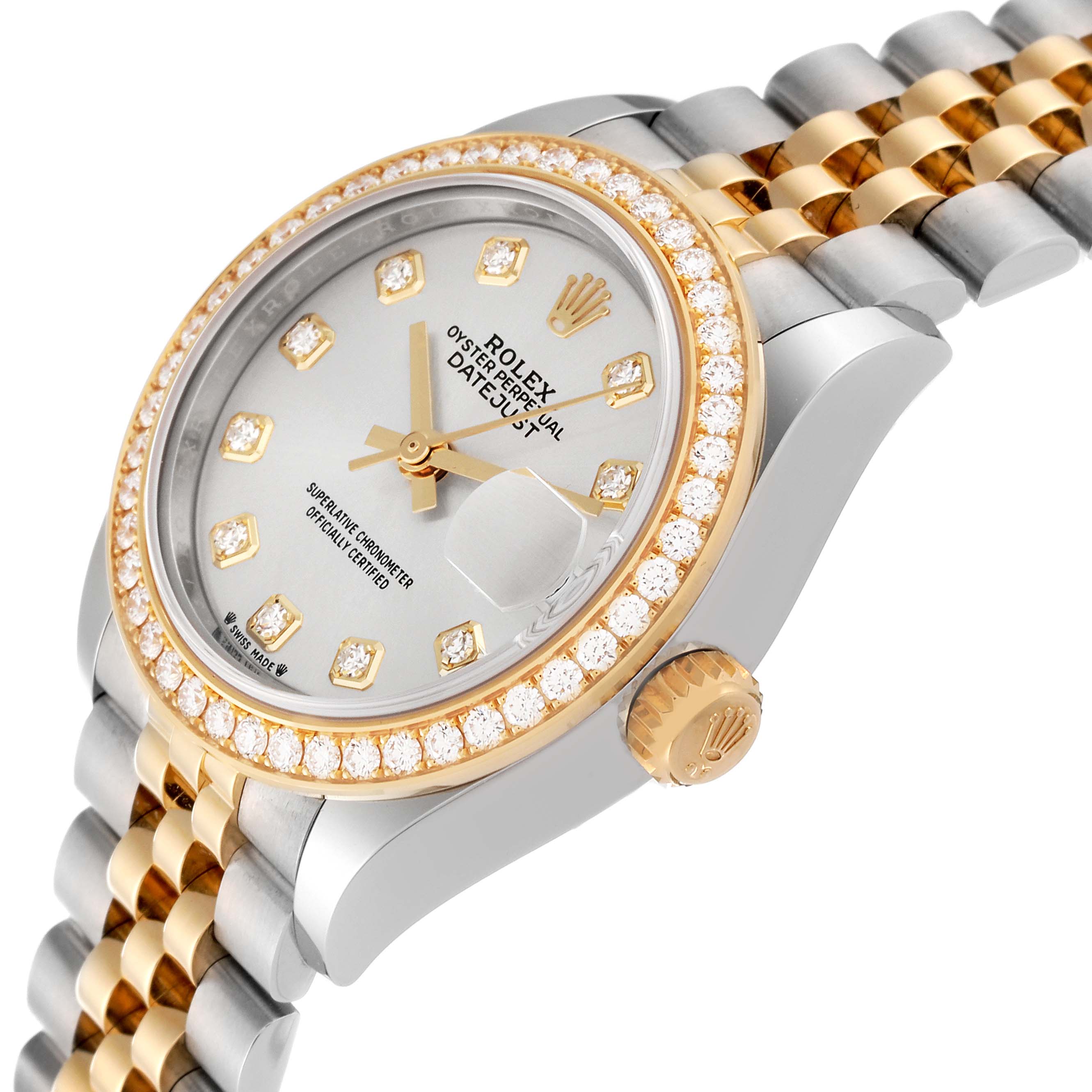 This image shows a close-up, angled view of the Rolex Datejust 279383 Women's Steel and Gold (two tone) Silver Dial 279383 Women's Steel and Gold (two tone) Silver Dial watch, highlighting the bezel, face, and part of the bracelet.