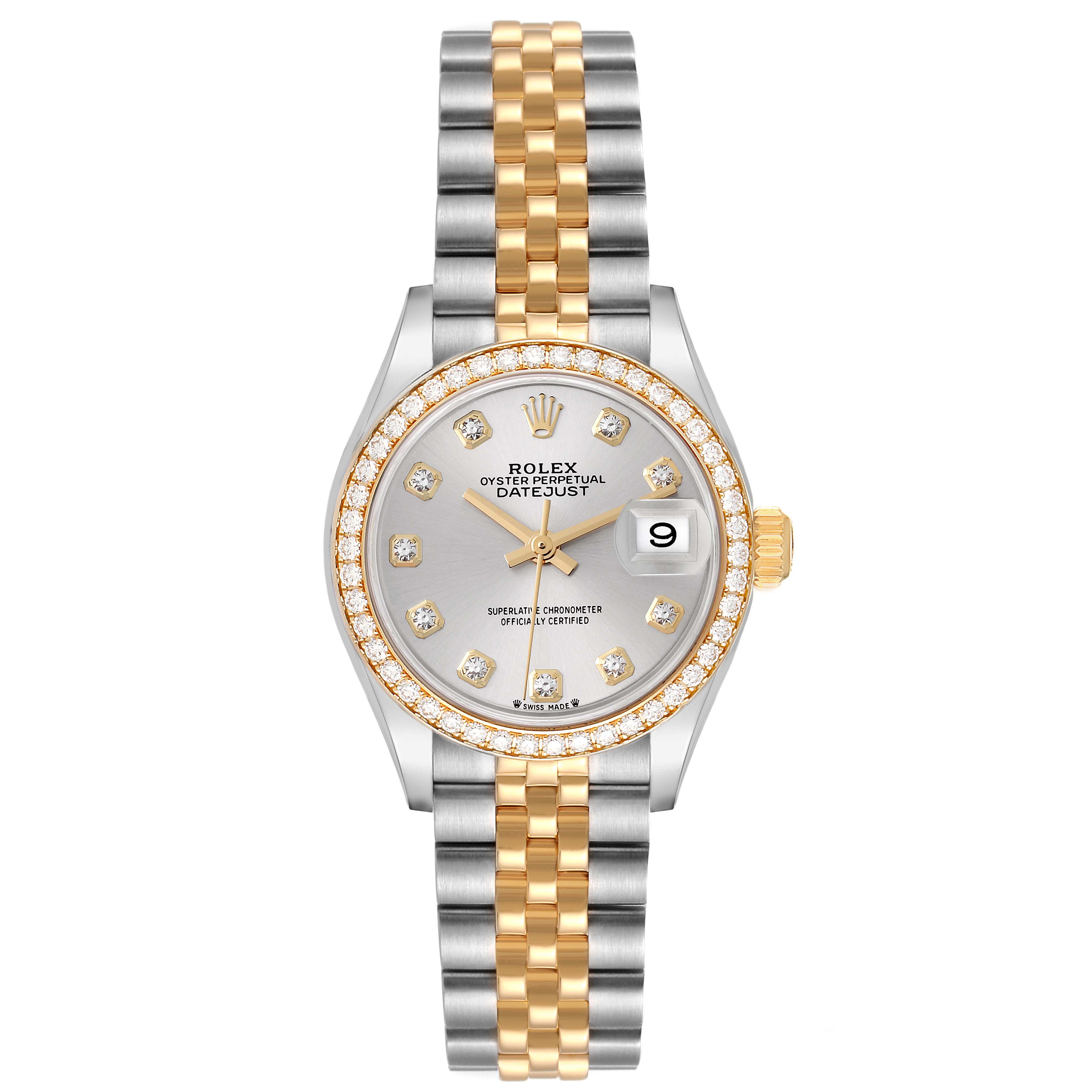 This Rolex Datejust 279383 Women's Steel and Gold (two tone) Silver Dial 279383 Women's Steel and Gold (two tone) Silver Dial watch is shown from a top-down angle, displaying its face, bezel, crown, and bracelet.