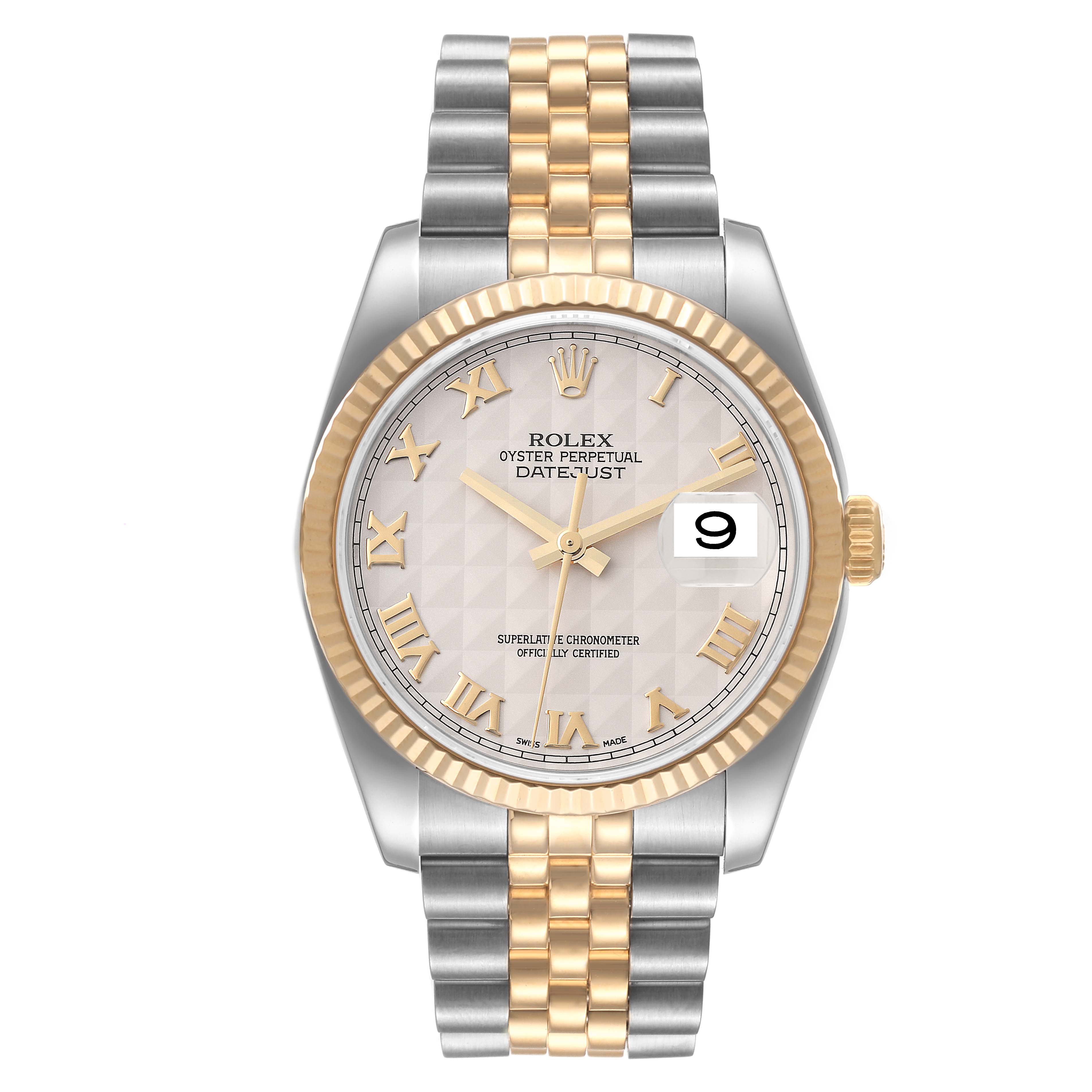 The Rolex Datejust 116233 Men's Steel and Gold (two tone) Beige Dial 116233 Men's Steel and Gold (two tone) Beige Dial watch is shown from a front angle, highlighting the dial, bezel, crown, and two-tone bracelet.