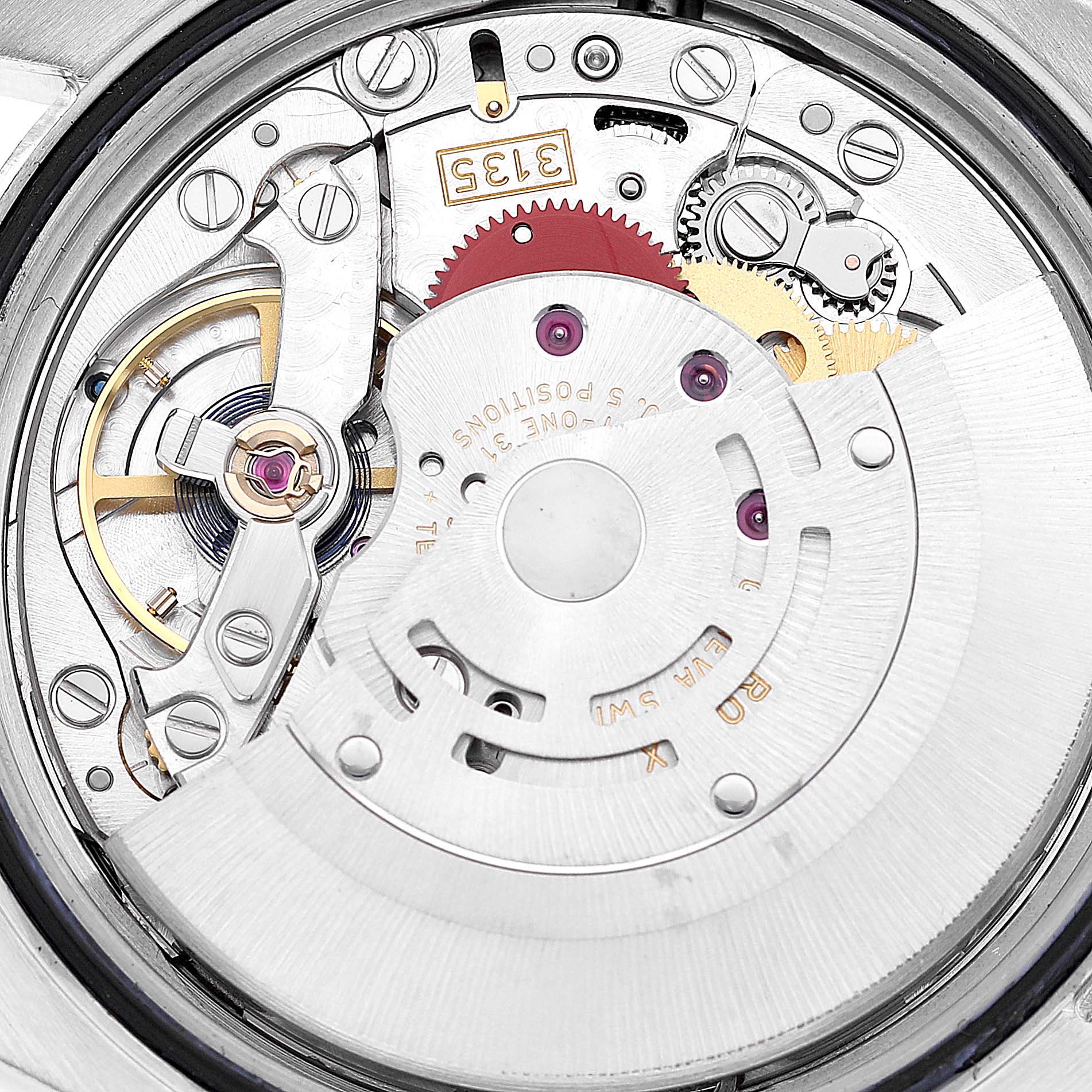 This image shows a close-up view of the intricate inner workings of the Rolex Datejust 116233 Men's Steel and Gold (two tone) Beige Dial 116233 Men's Steel and Gold (two tone) Beige Dial model's movement mechanism.