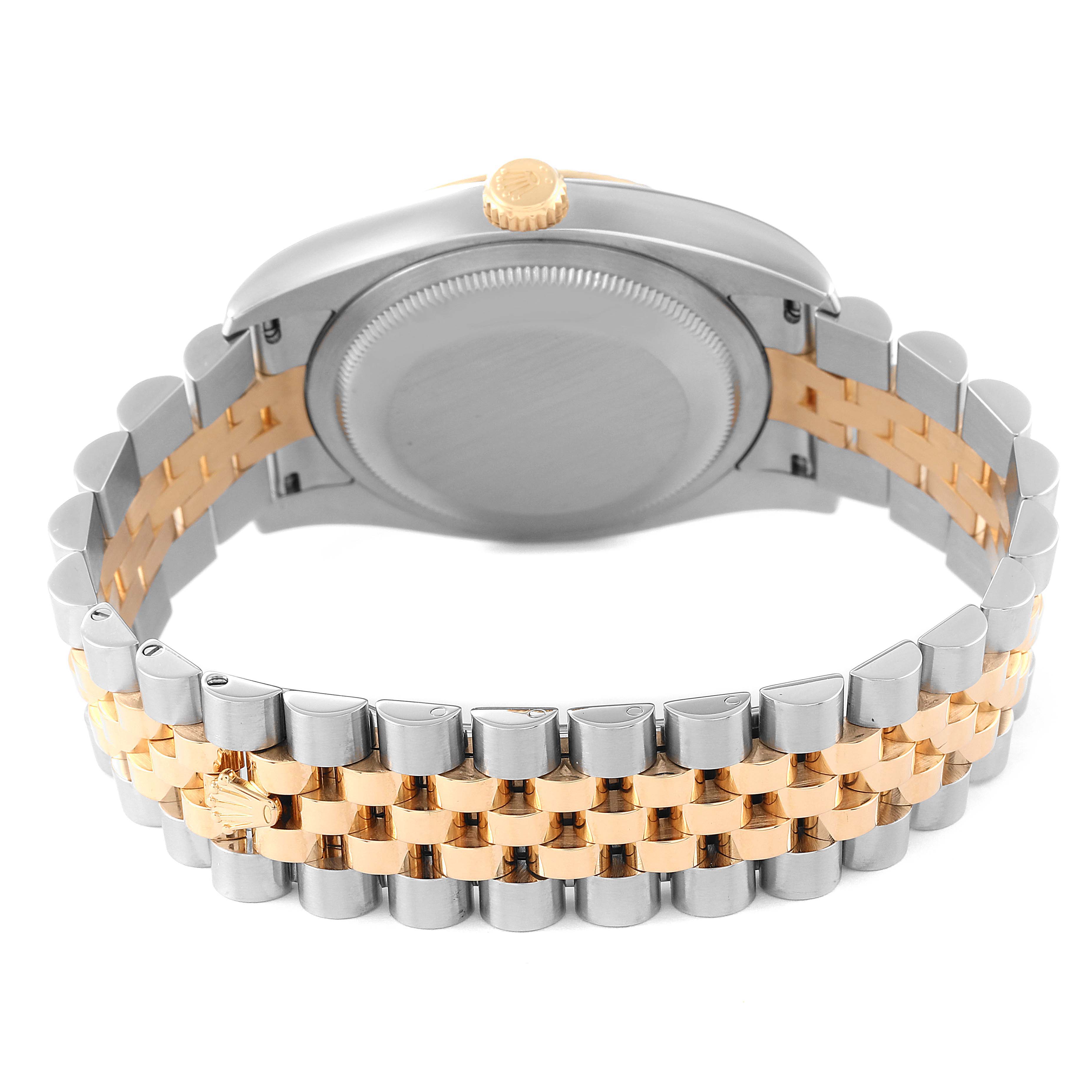 This image shows the back view of a Rolex Datejust 116233 Men's Steel and Gold (two tone) Beige Dial 116233 Men's Steel and Gold (two tone) Beige Dial watch, highlighting its case back and two-tone bracelet.