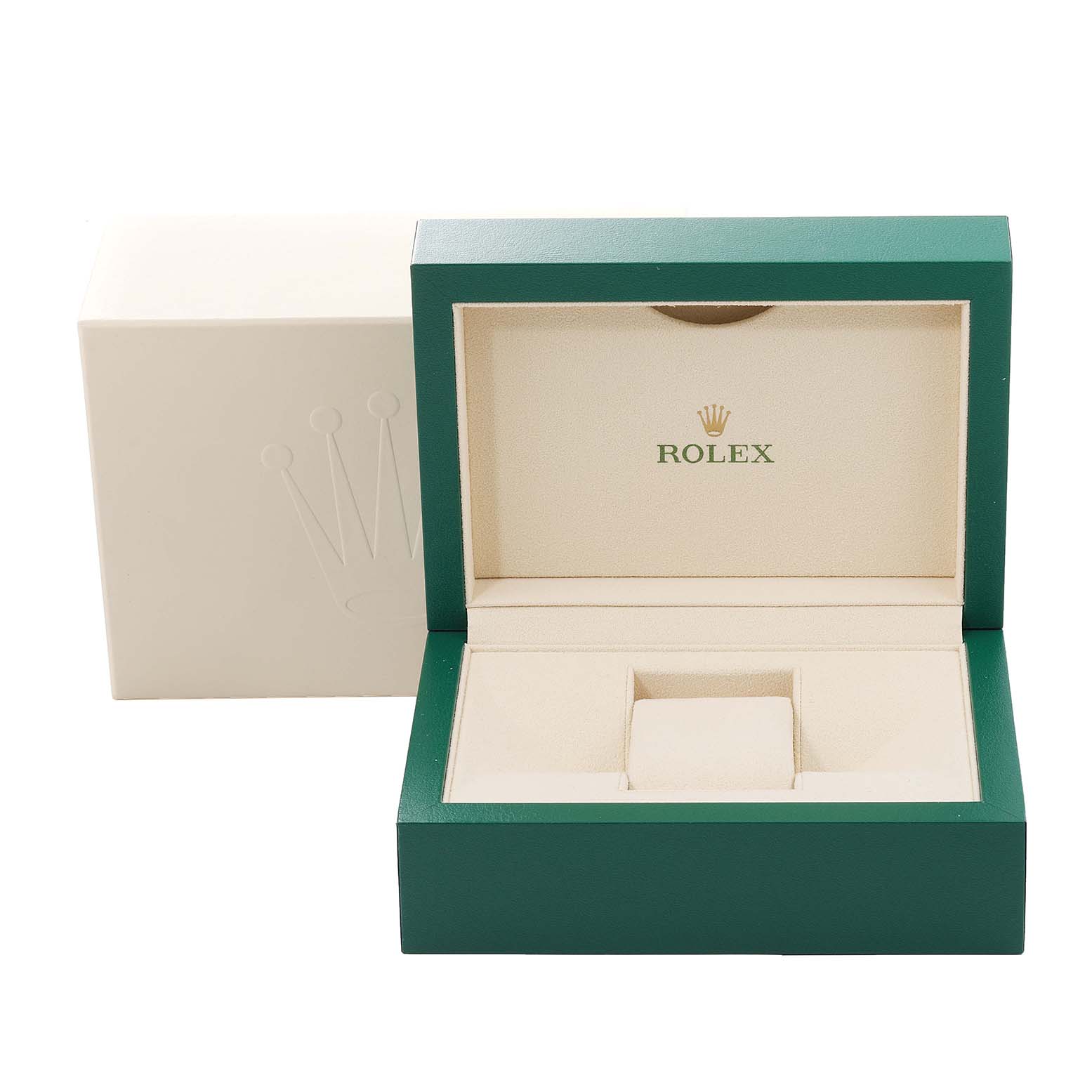 The image shows an open Rolex Datejust 116233 Men's Steel and Gold (two tone) Beige Dial 116233 Men's Steel and Gold (two tone) Beige Dial watch box with a green exterior and a cream interior.