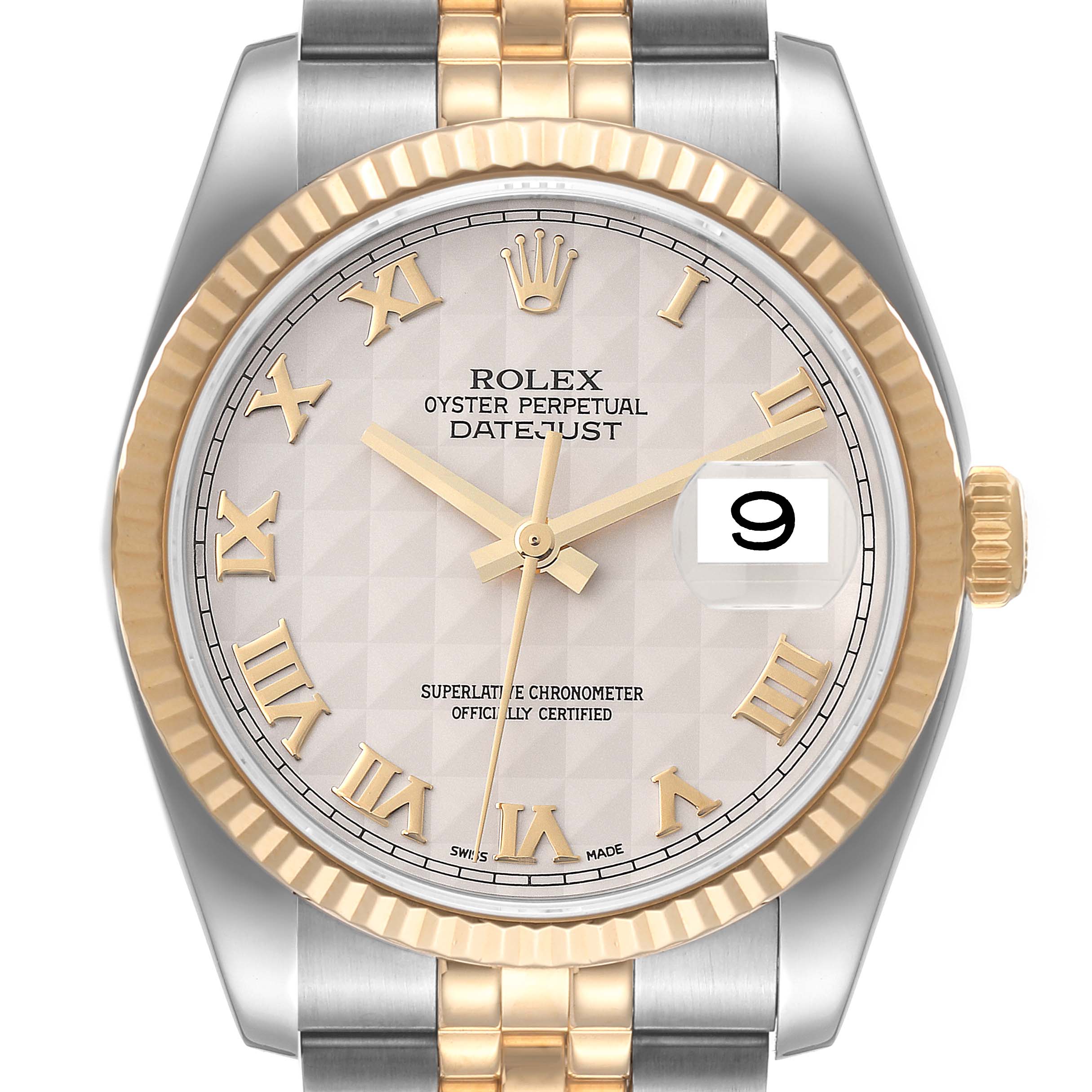 The Rolex Datejust 116233 Men's Steel and Gold (two tone) Beige Dial 116233 Men's Steel and Gold (two tone) Beige Dial watch is shown from the front, highlighting its dial, hands, bezel, and part of the bracelet.