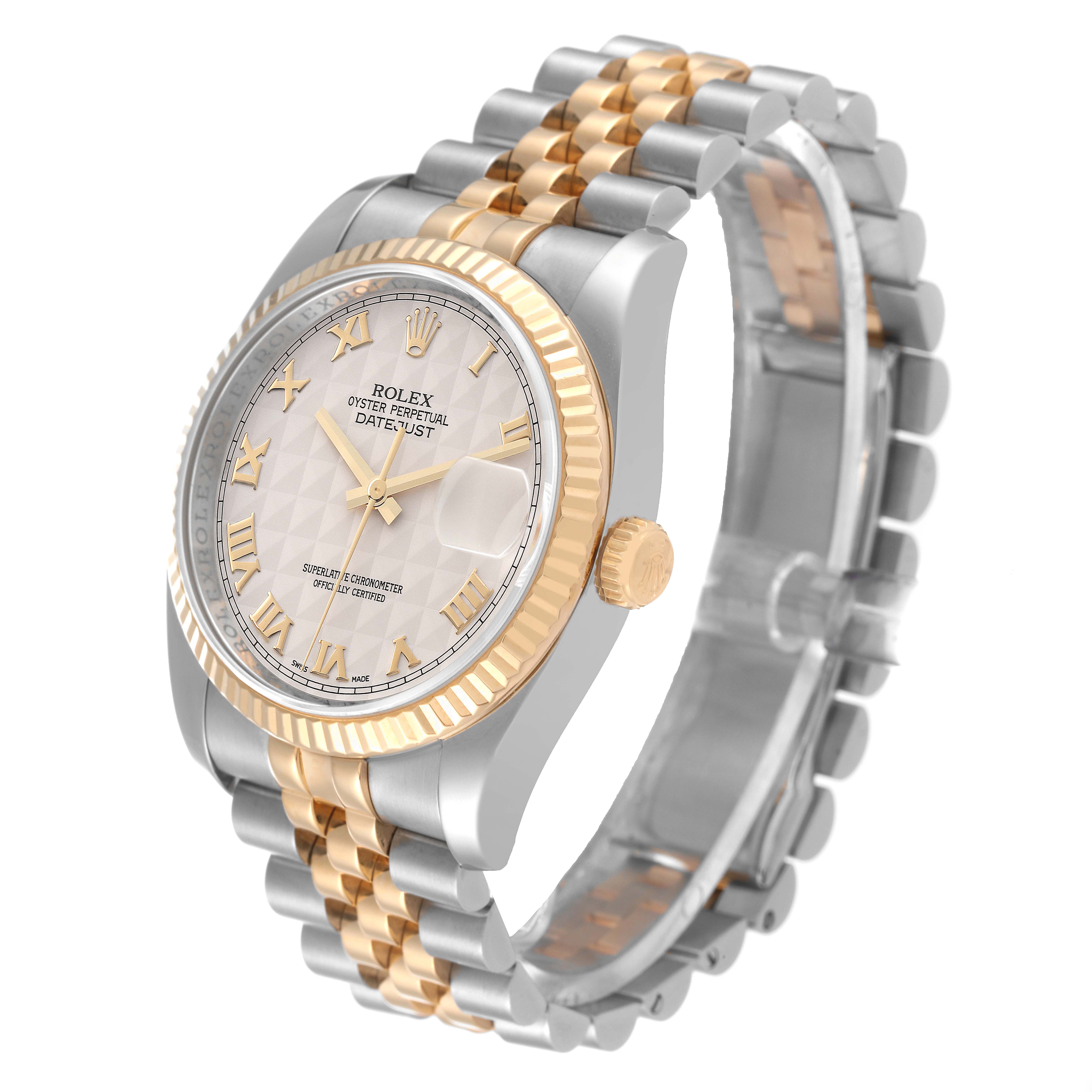 This image shows a side and front angle of a Rolex Datejust 116233 Men's Steel and Gold (two tone) Beige Dial 116233 Men's Steel and Gold (two tone) Beige Dial watch focusing on its bezel, dial, and two-tone bracelet.
