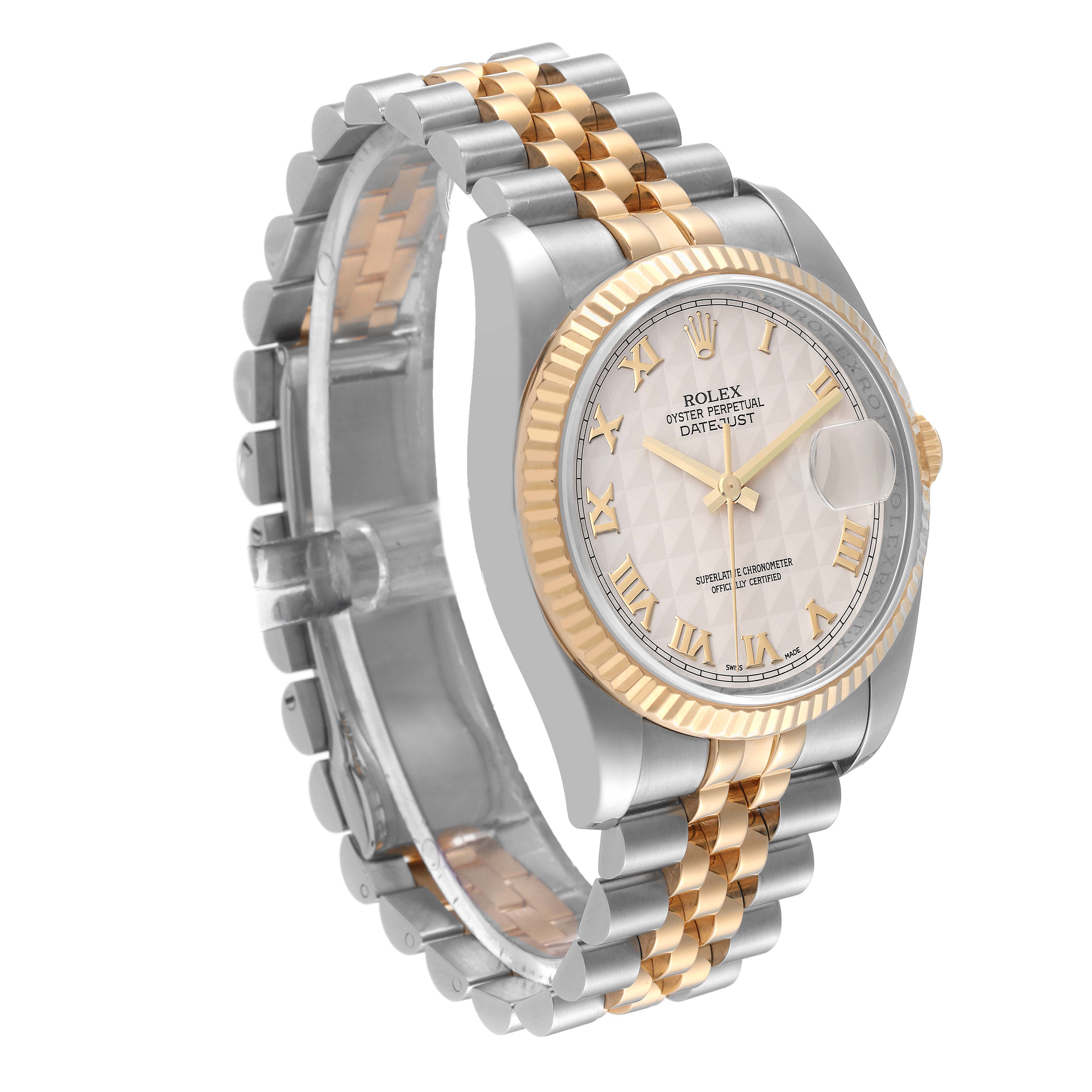 The image shows the Rolex Datejust 116233 Men's Steel and Gold (two tone) Beige Dial 116233 Men's Steel and Gold (two tone) Beige Dial watch at a three-quarter angle, highlighting its face, dial, bezel, and two-tone bracelet.