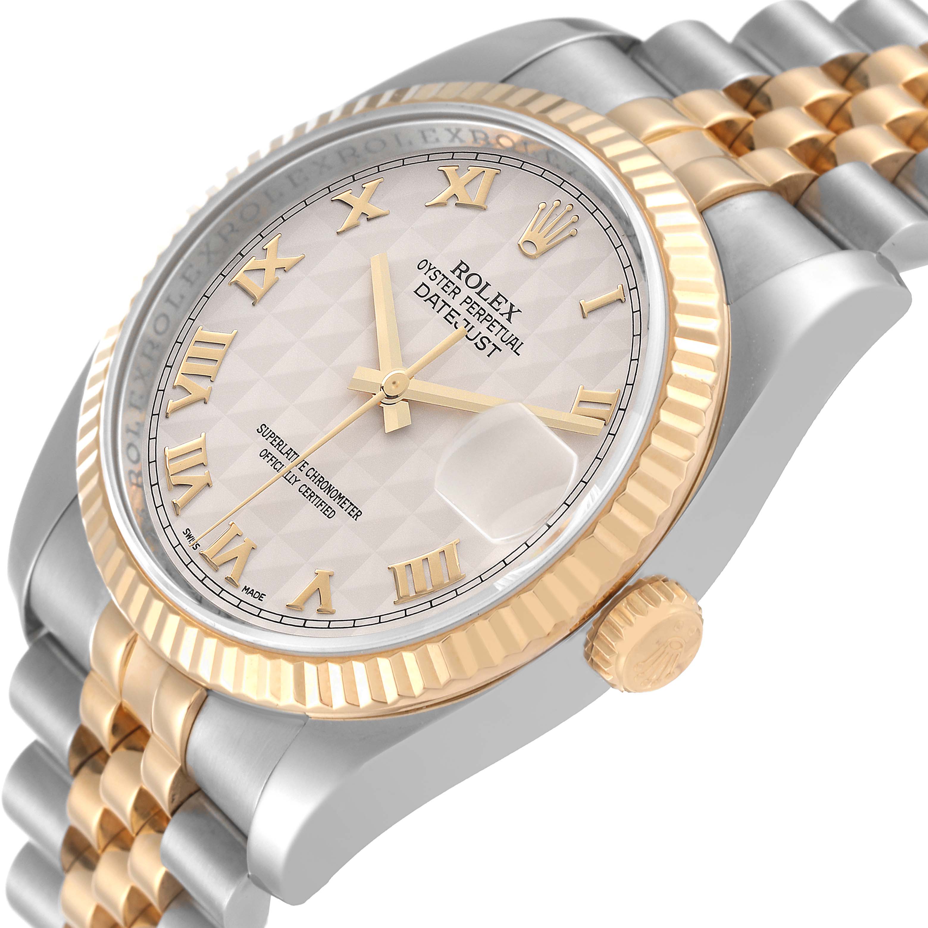 This image shows a close-up of a Rolex Datejust 116233 Men's Steel and Gold (two tone) Beige Dial 116233 Men's Steel and Gold (two tone) Beige Dial watch from an angled side view, highlighting its dial, bezel, crown, and bracelet.
