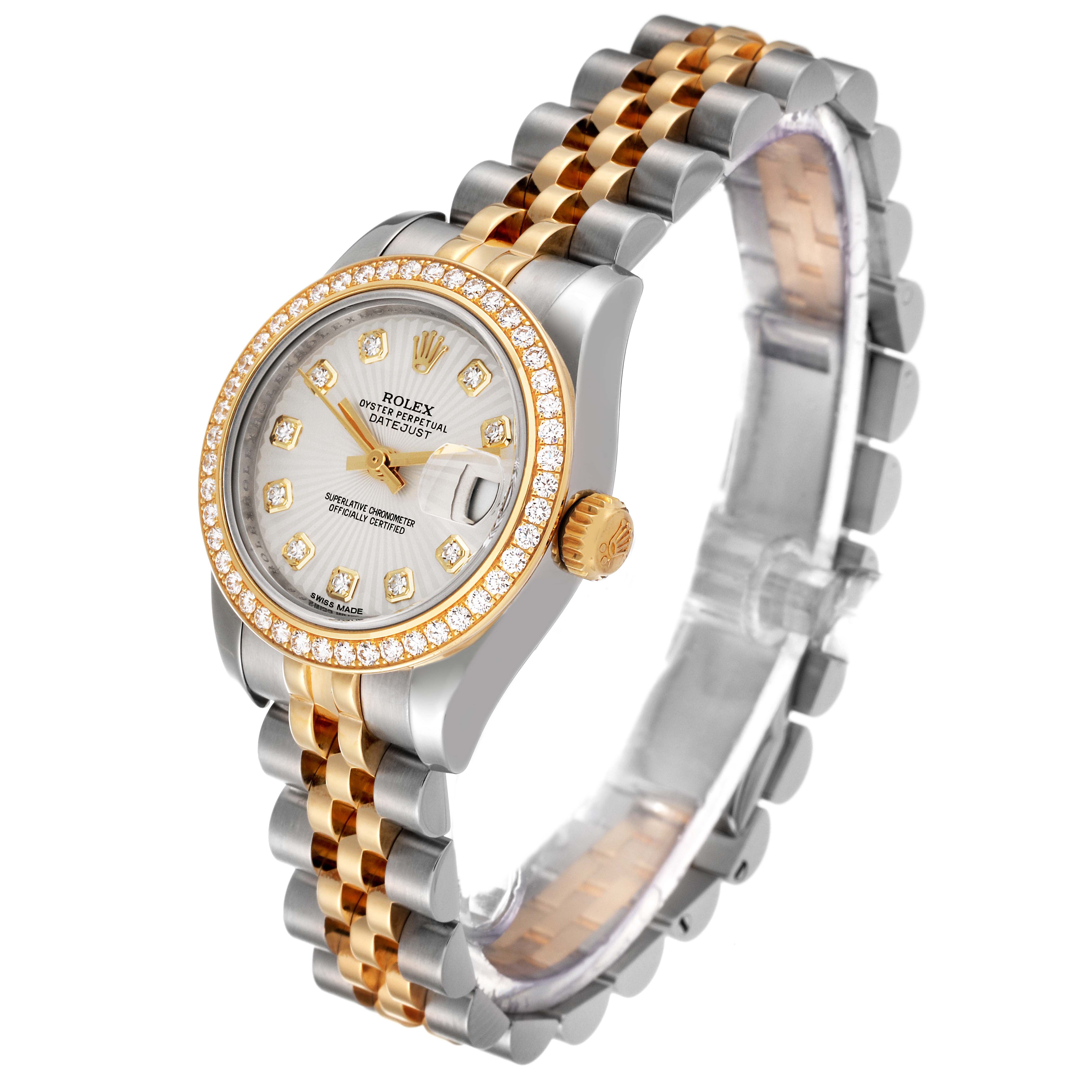 This Rolex Datejust 179383 Women's Steel and Gold (two tone) Silver Dial 179383 Women's Steel and Gold (two tone) Silver Dial watch is shown at an angle highlighting the face, diamond bezel, crown, and two-tone bracelet.