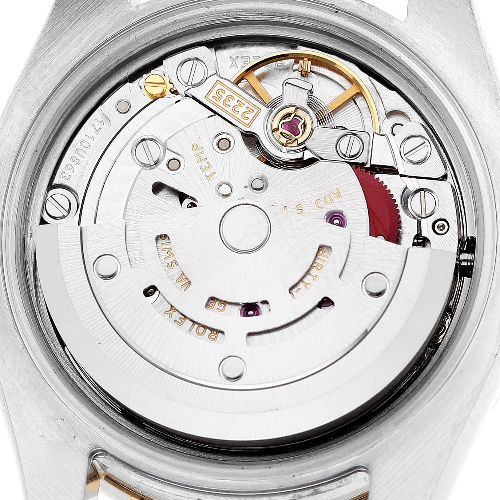 This image shows the inner mechanical movement of a Rolex Datejust 179383 Women's Steel and Gold (two tone) Silver Dial 179383 Women's Steel and Gold (two tone) Silver Dial watch, viewed from the back.