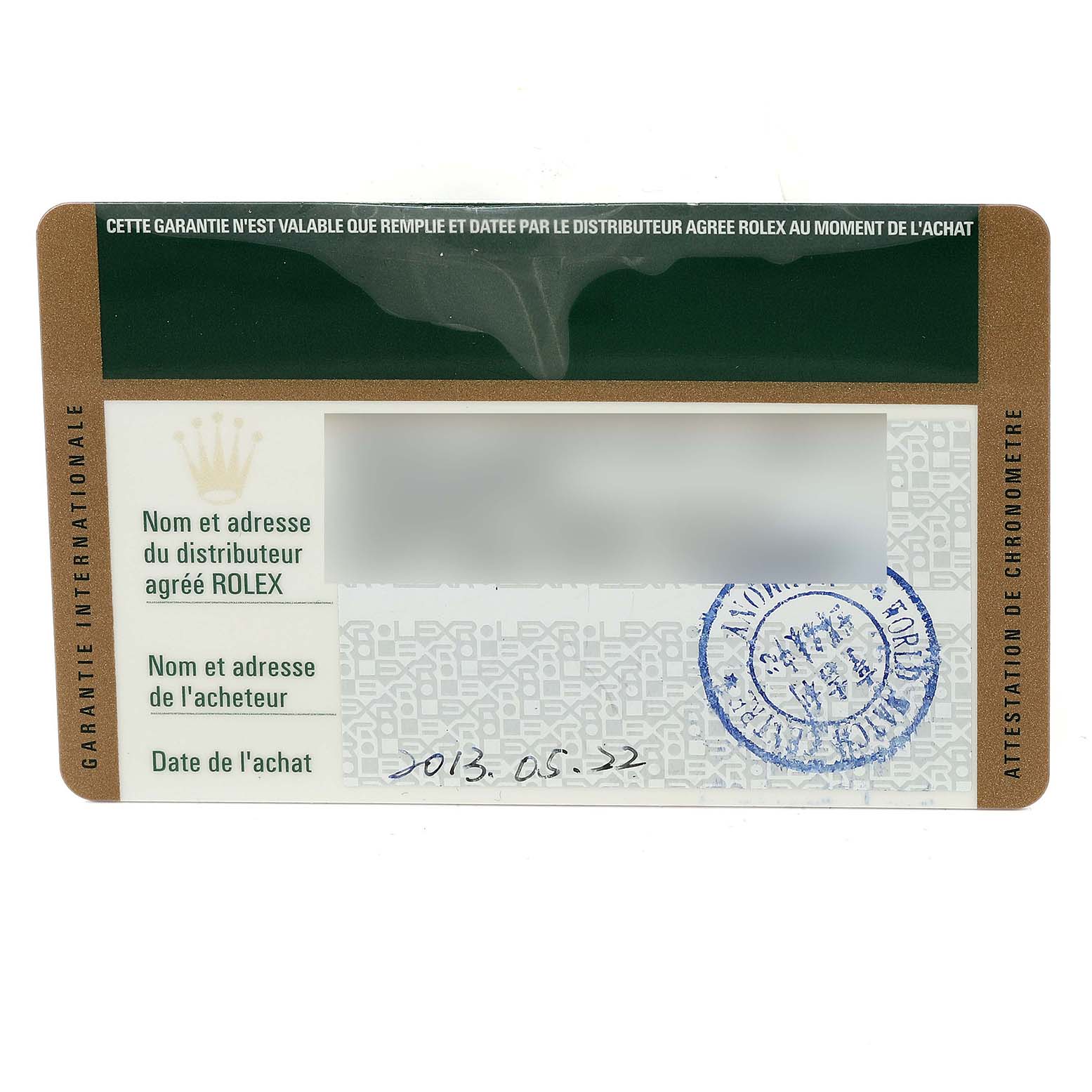 This image shows the authenticity and warranty card for a Rolex Datejust 179383 Women's Steel and Gold (two tone) Silver Dial 179383 Women's Steel and Gold (two tone) Silver Dial watch.