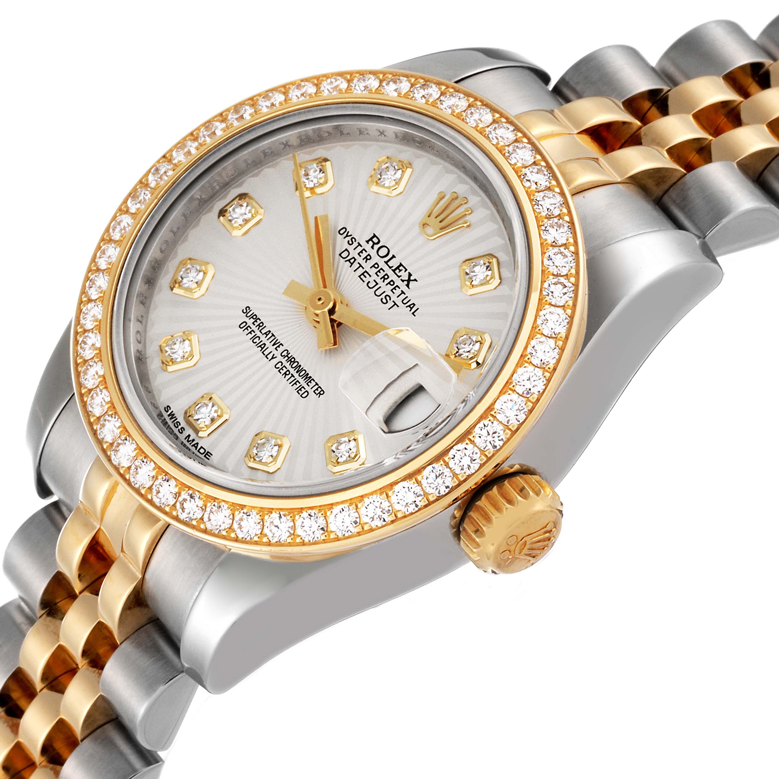 The image shows a close-up view of a Rolex Datejust 179383 Women's Steel and Gold (two tone) Silver Dial 179383 Women's Steel and Gold (two tone) Silver Dial watch highlighting the bezel, dial, and part of the bracelet.