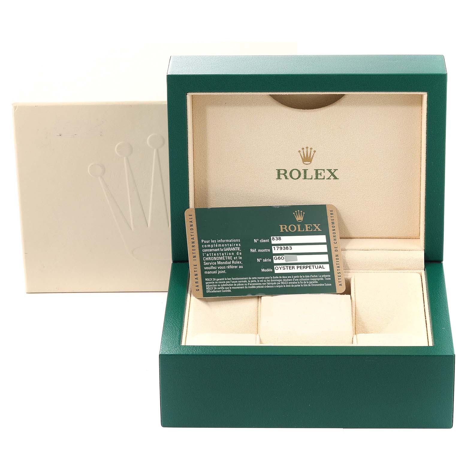 The image shows the opened box and authenticity card for a Rolex Datejust 179383 Women's Steel and Gold (two tone) Silver Dial 179383 Women's Steel and Gold (two tone) Silver Dial model.